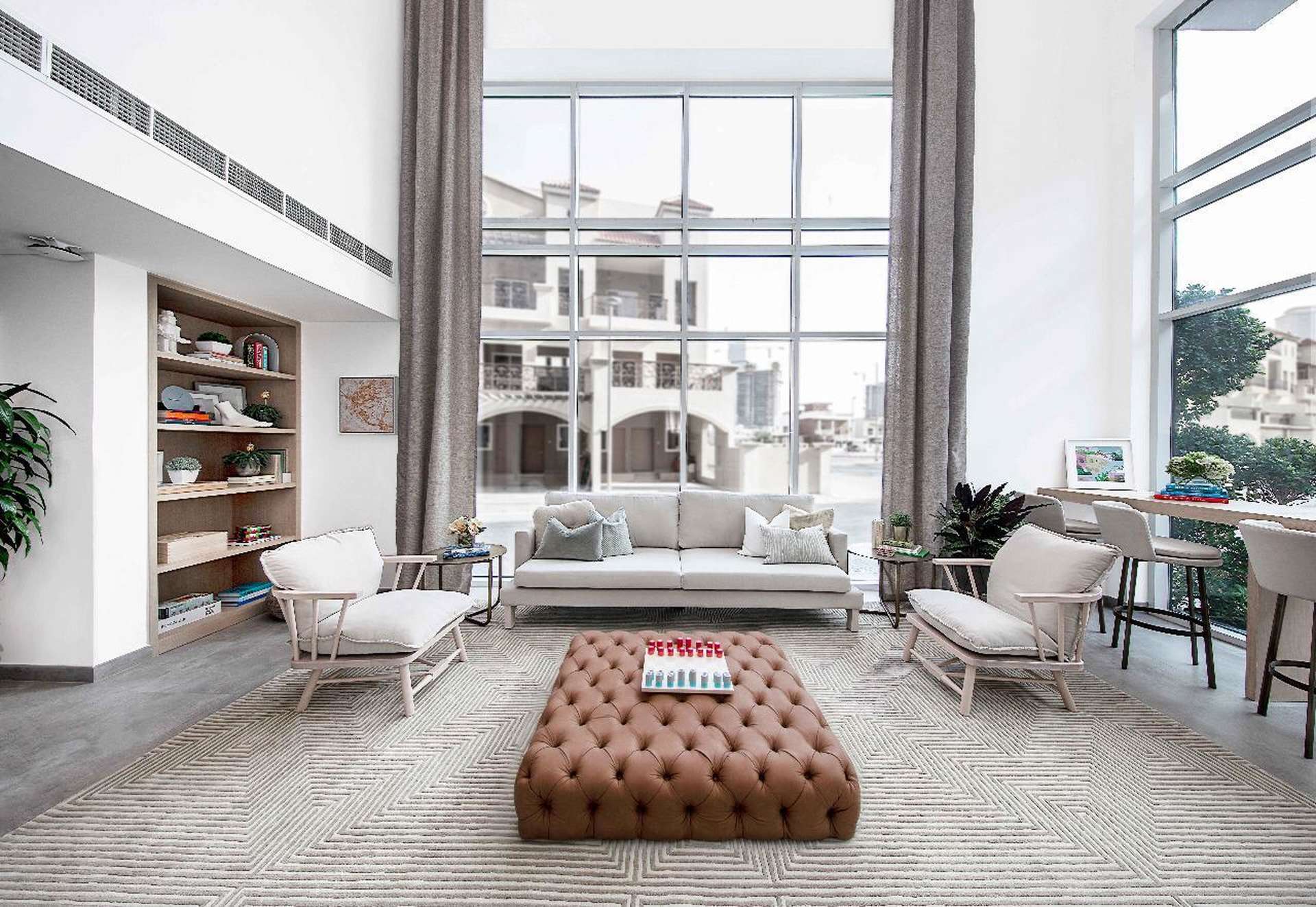 "Modern Eaton Place apartment complex with pool in Jumeirah Village Circle for sale.",Modern living room in 1-bedroom apartment, Eaton Place, Jumeirah Village Circle, bright and spacious