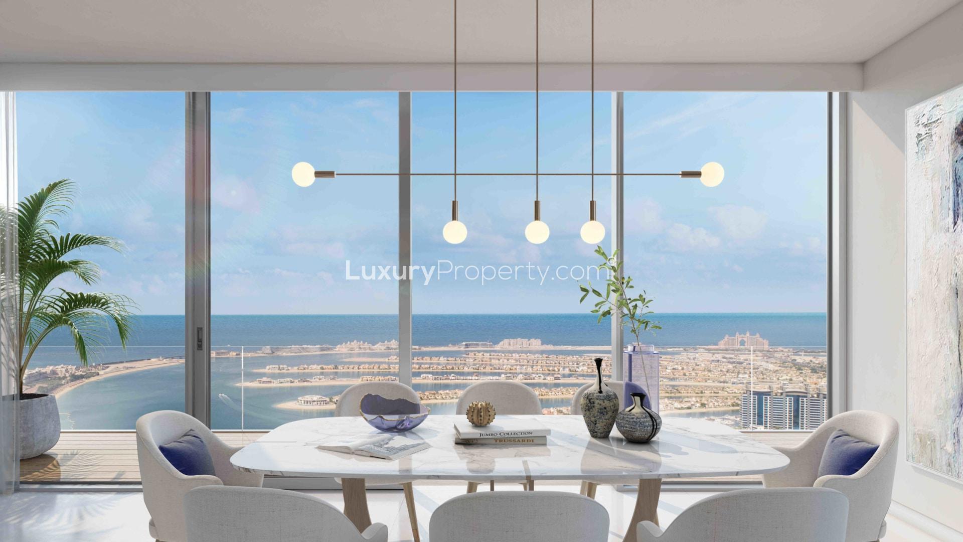 Stylish beachfront apartment living room with sea view at Emaar Beachfront, Dubai Harbour