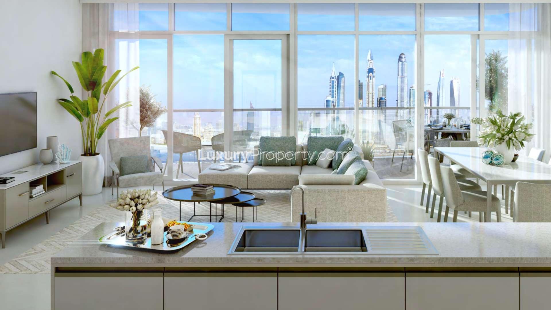 Elegant apartment balcony with stunning Marina and Palm views in Emaar Beachfront, Dubai Harbour