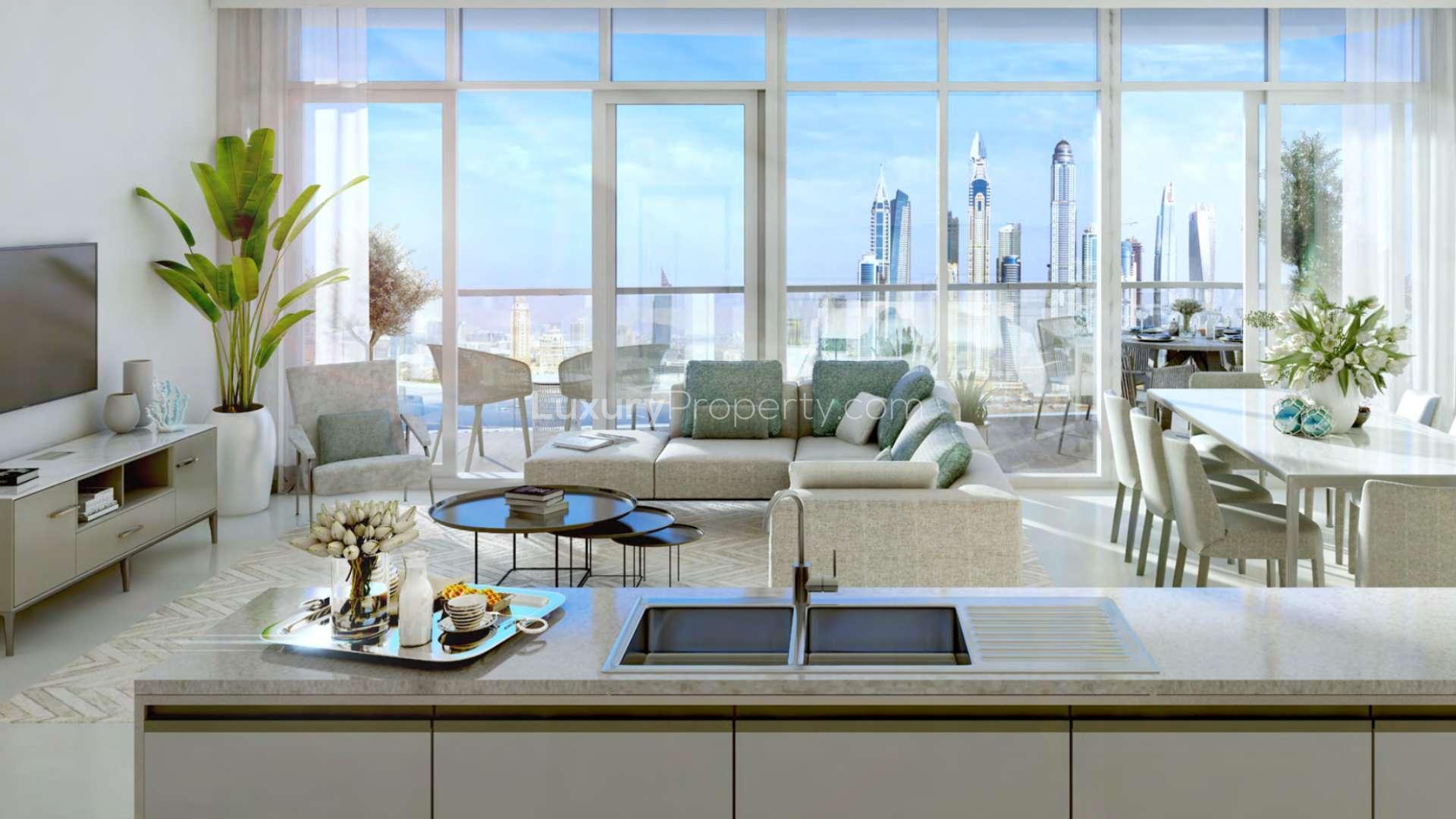 Elegant apartment balcony with stunning Marina and Palm views in Emaar Beachfront, Dubai Harbour