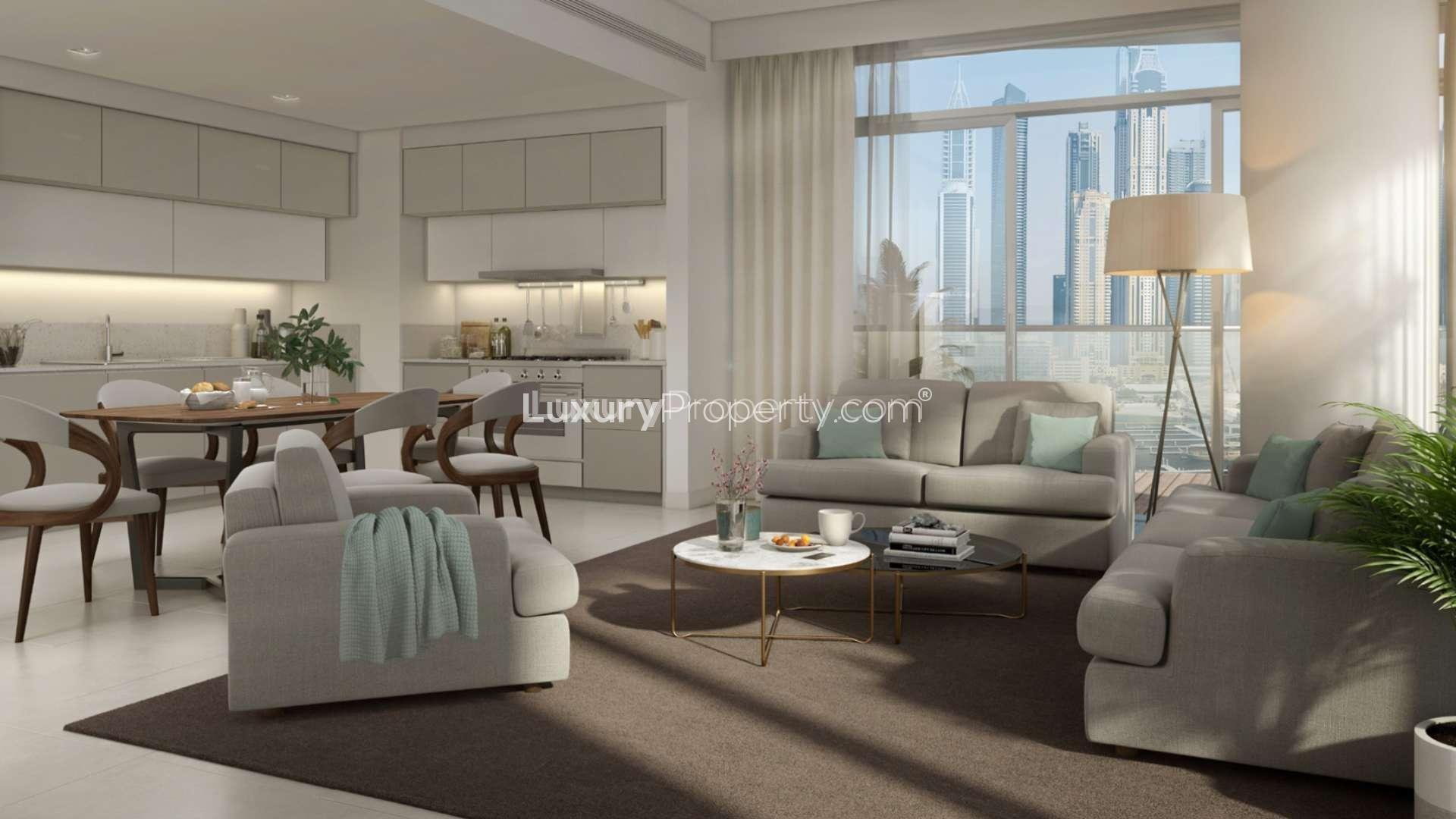 Elegant living area with marina views in 1-bedroom apartment, Emaar Beachfront, Dubai Harbour