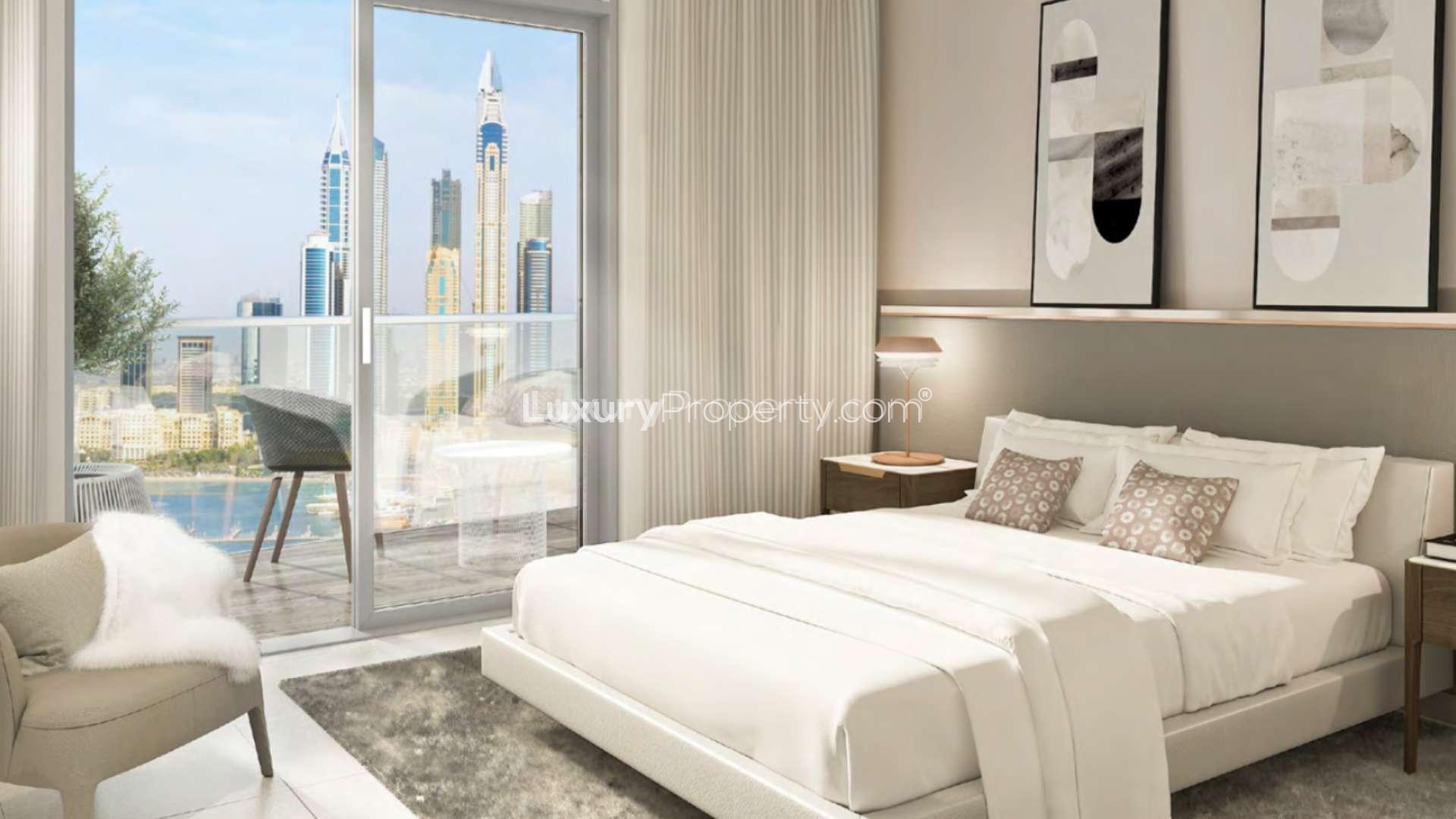 Modern living room in Emaar Beachfront apartment with Dubai Marina skyline views