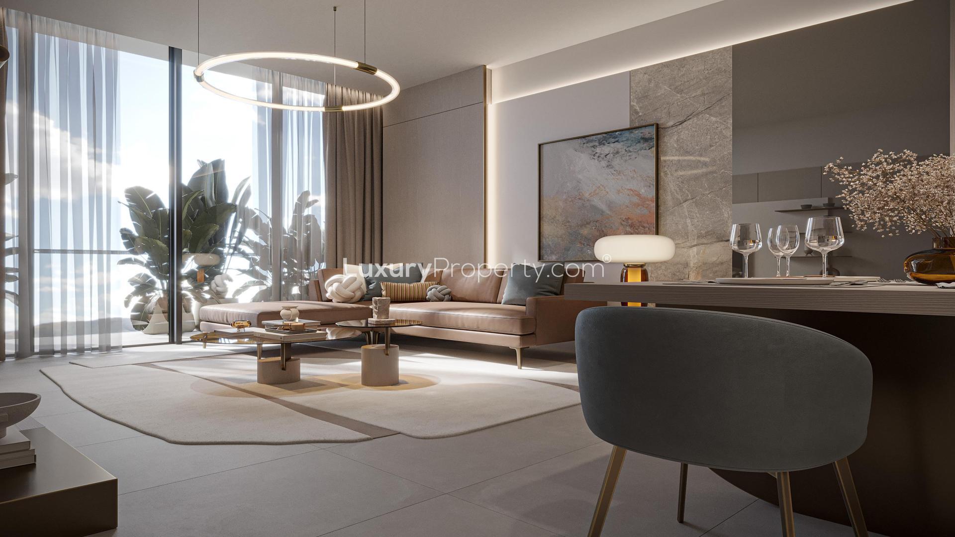 Modern living room in Jumeirah Village Circle apartment with stylish decor and natural light