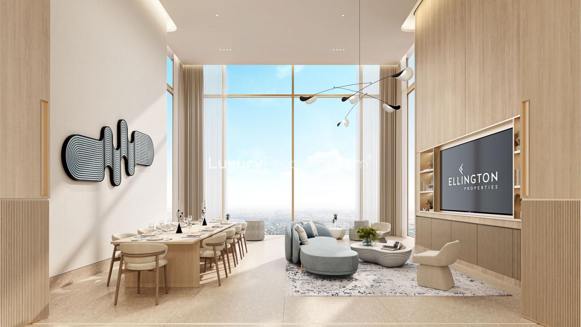 "Luxury Upper House West apartment with balconies overlooking scenic Jumeirah Lake Towers skyline at sunset.",Modern living room in luxury Upper House apartment, JLT, with elegant decor and city views