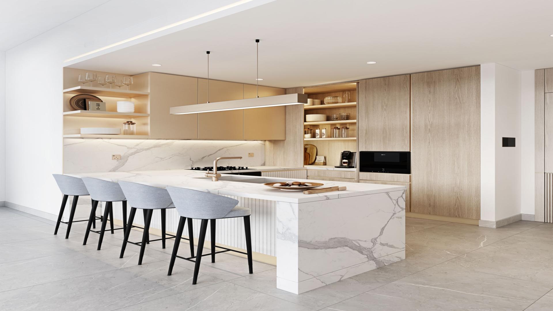 Modern kitchen with marble island in 1-bedroom apartment, Upper House, Jumeirah Lake Towers
