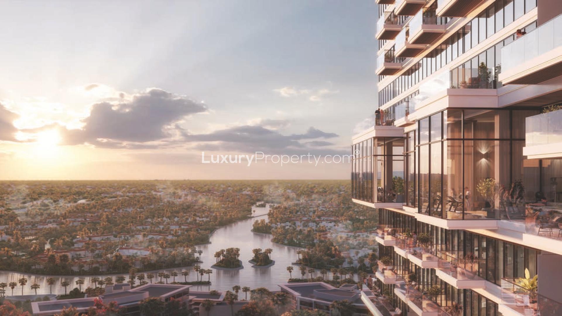 Stylish balcony view from 1-bedroom apartment in Jumeirah Lake Towers, Upper House, at sunset