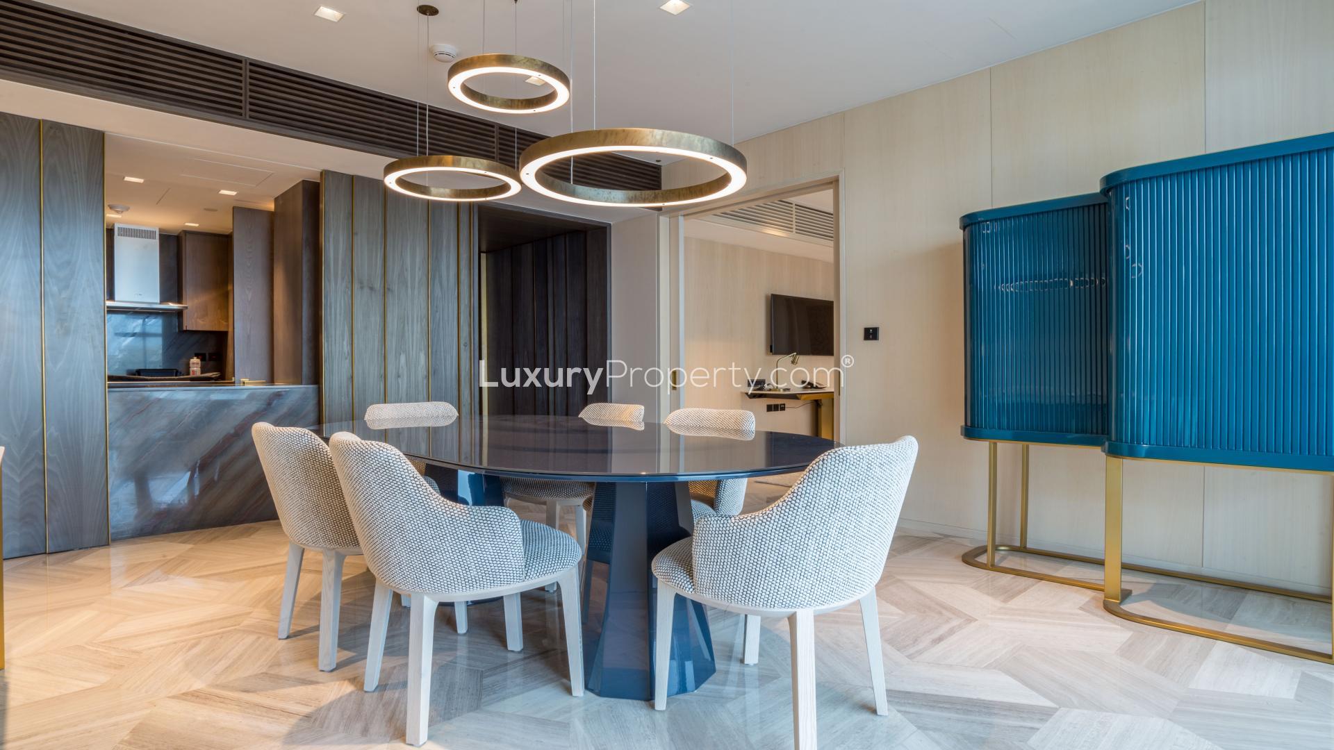 Modern living room in sea view apartment, Palm Jumeirah, Dubai, with elegant furnishings
