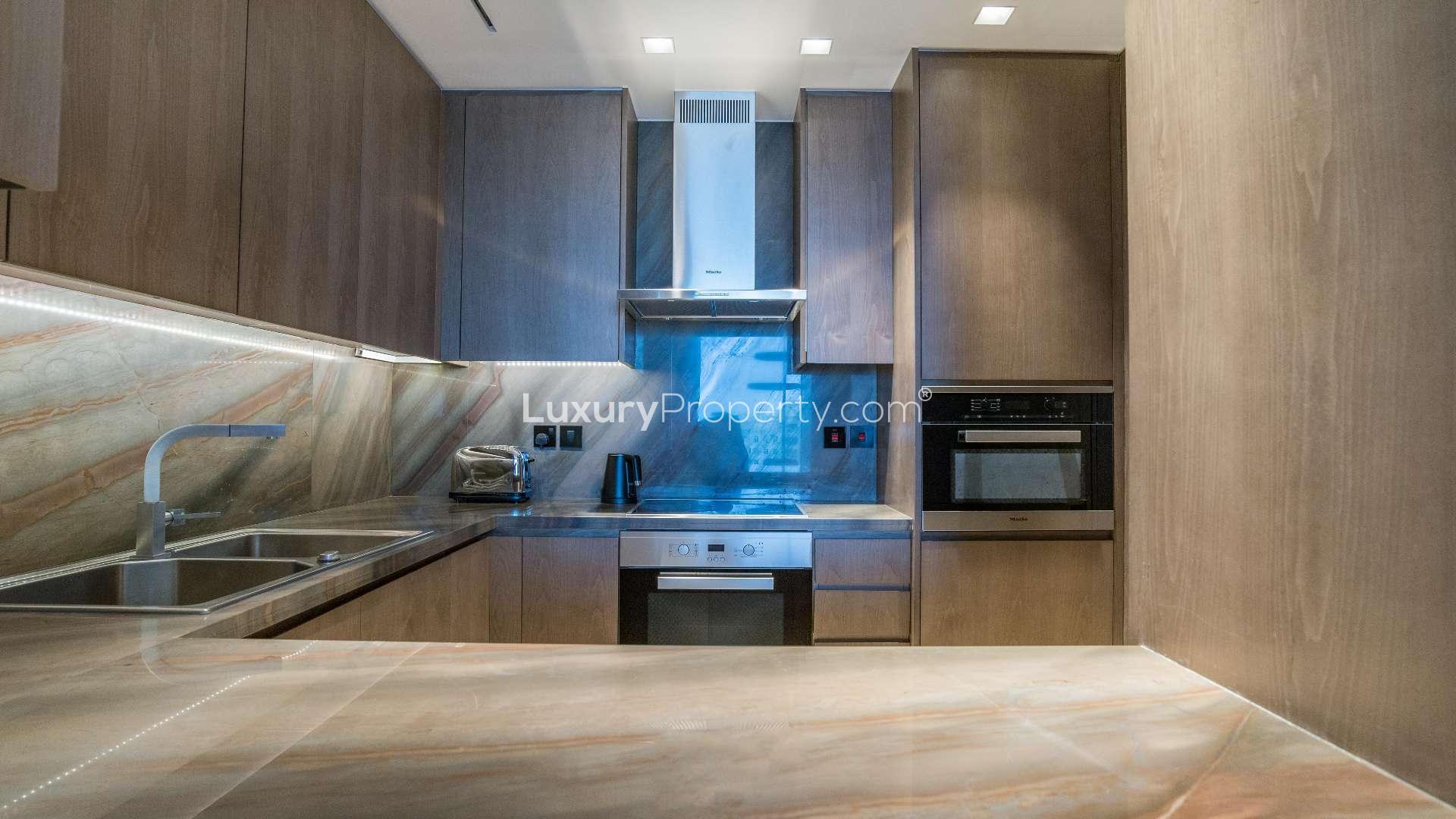 Modern dining area in waterfront 1-bedroom apartment, Five Palm Jumeirah, city views