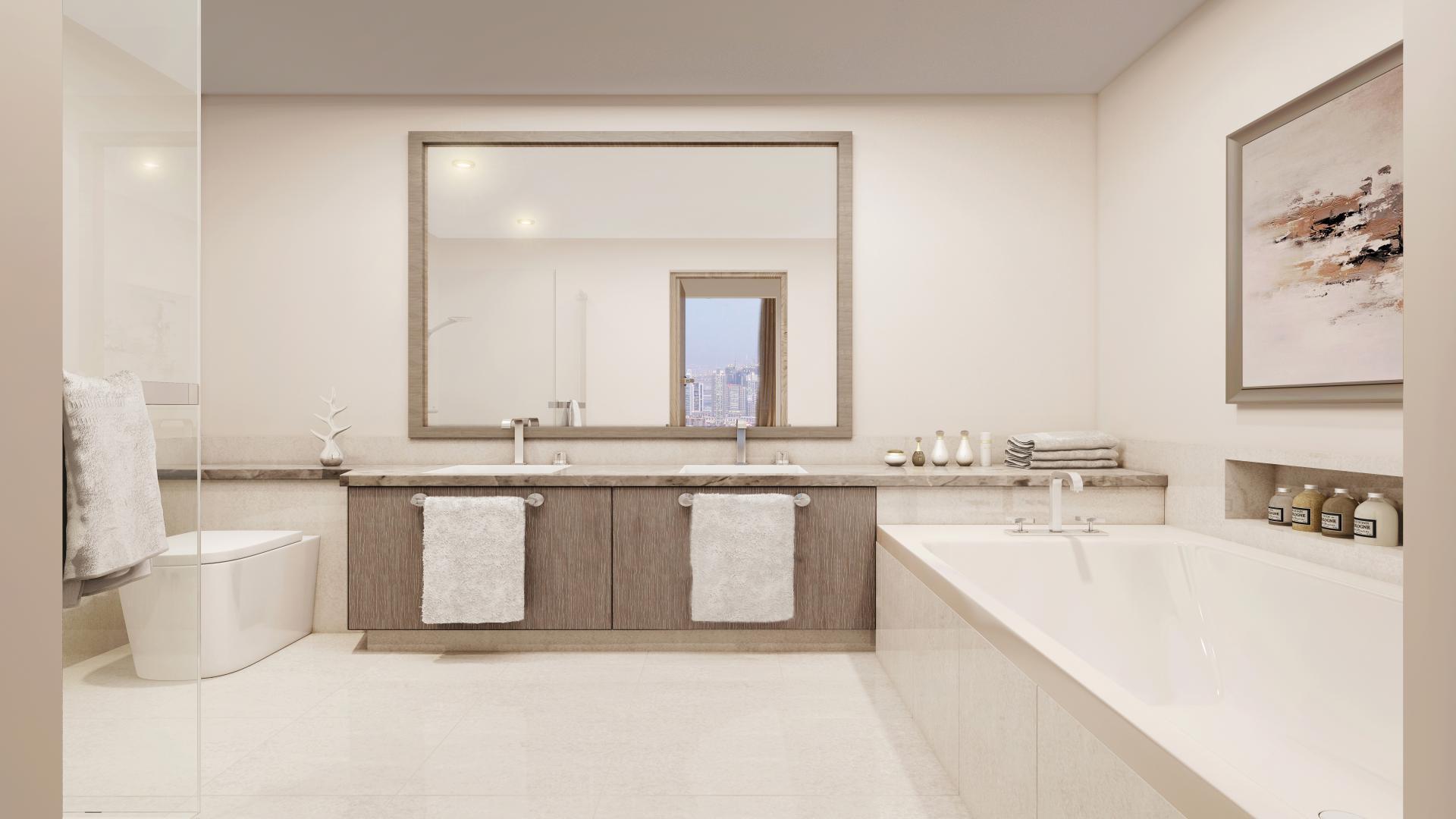 Stylish downtown Dubai apartment living room with city views, modern decor, and dining area