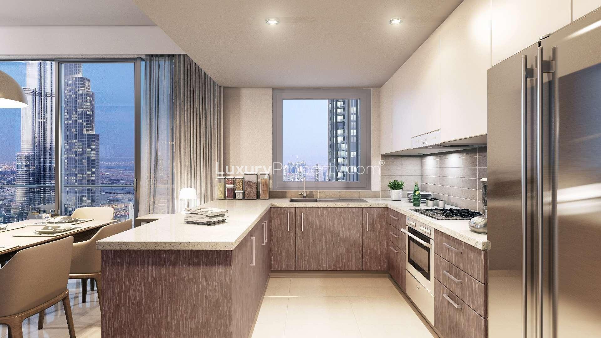 Stylish downtown Dubai apartment bedroom with city skyline view, modern decor, and cozy ambiance