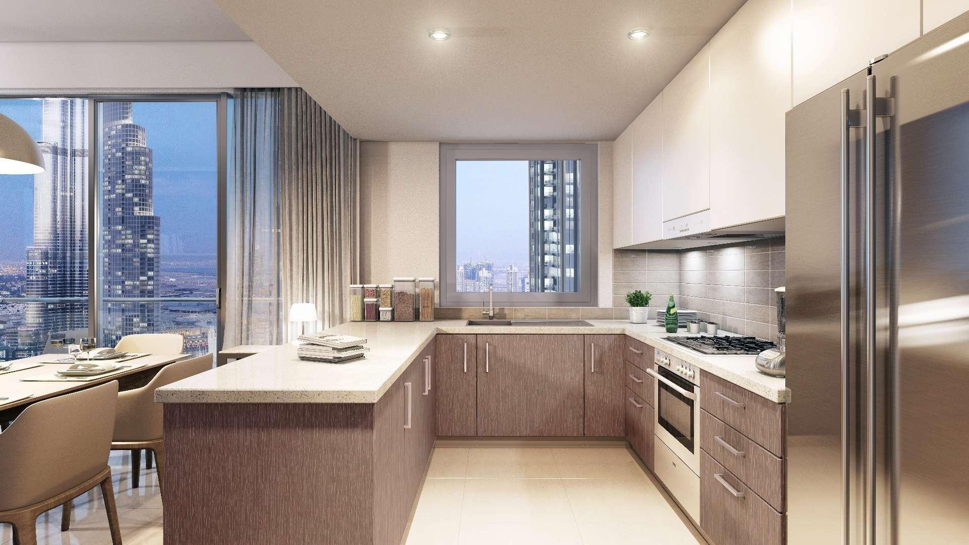 Stylish downtown Dubai apartment bedroom with city skyline view, modern decor, and cozy ambiance