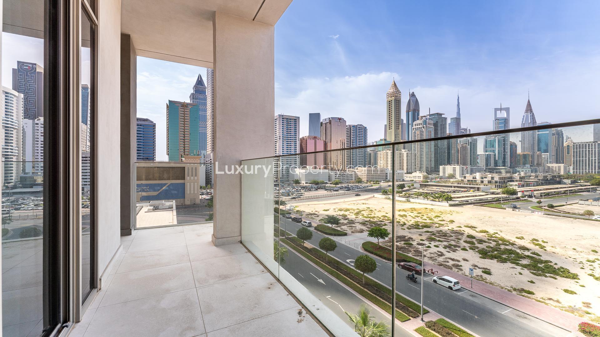Balcony view from one-bedroom apartment in Jumeirah Garden City, Al Satwa, Dubai skyline
