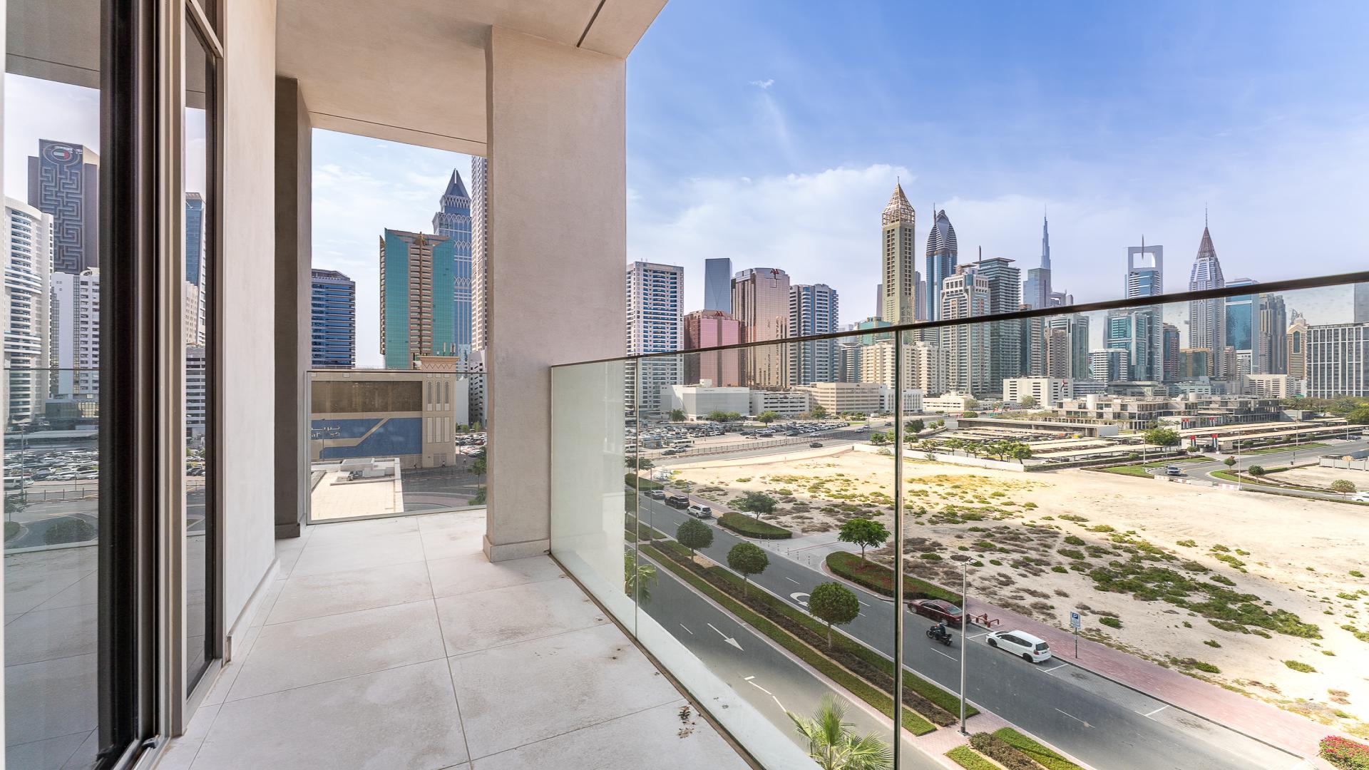 Balcony view from one-bedroom apartment in Jumeirah Garden City, Al Satwa, Dubai skyline
