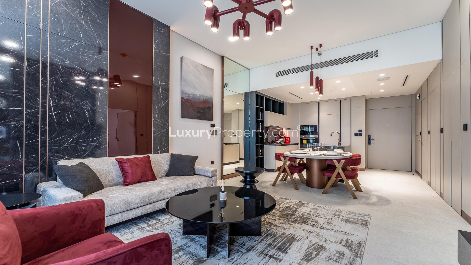 Luxurious living room in one-bedroom apartment, Jumeirah Garden City, Al Satwa, for sale