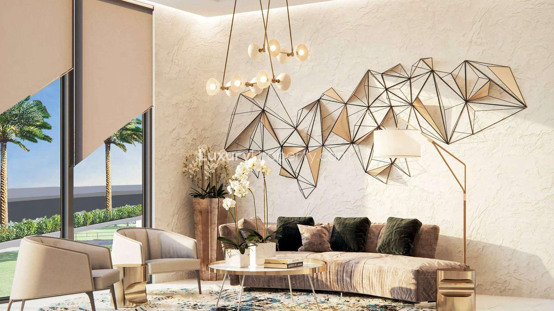 Elegant living room in 1-bedroom apartment, Genesis, Arjan; modern decor with large windows