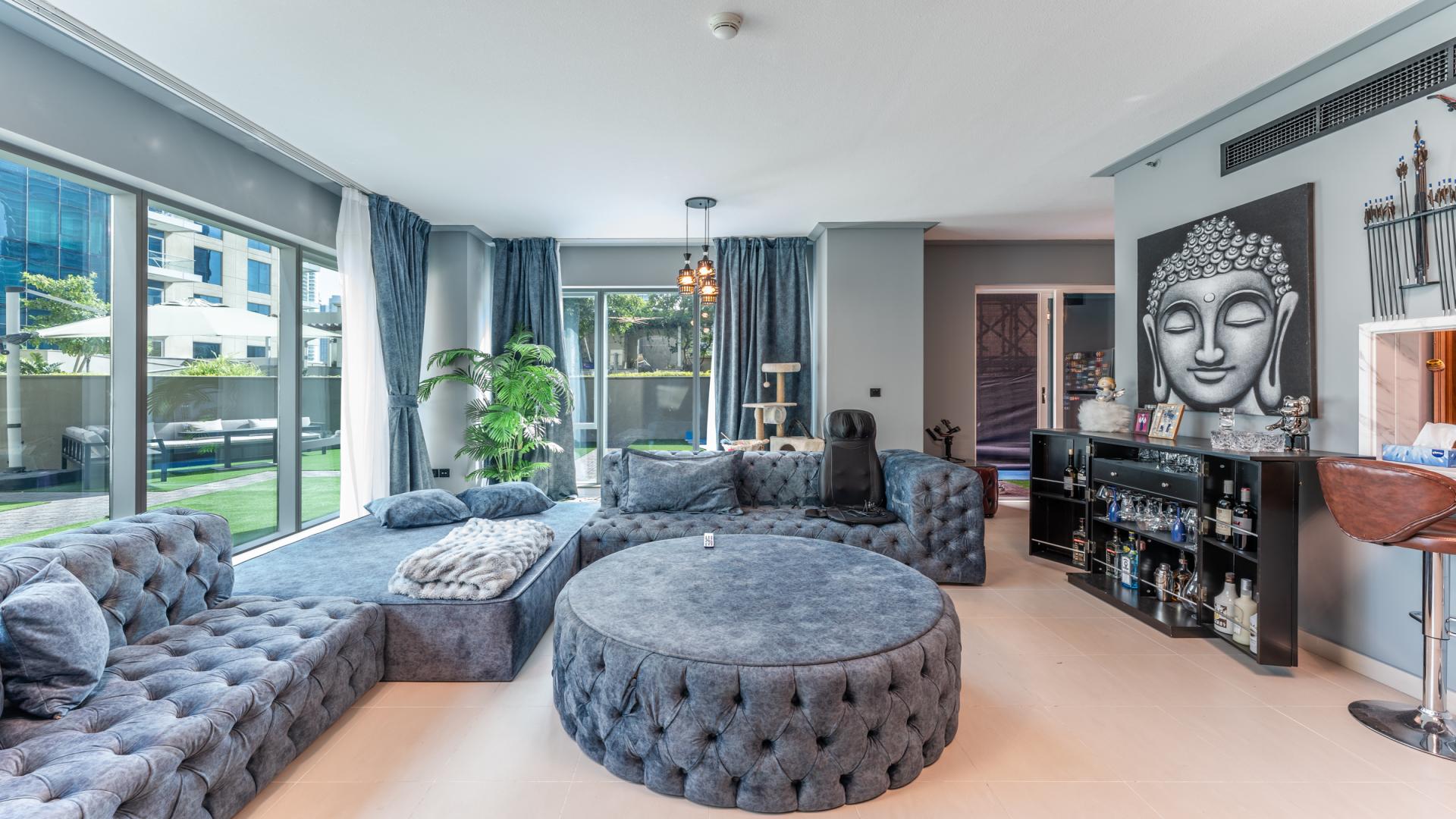 Upgraded furnished apartment living room with terrace view, Marina Promenade, Dubai Marina