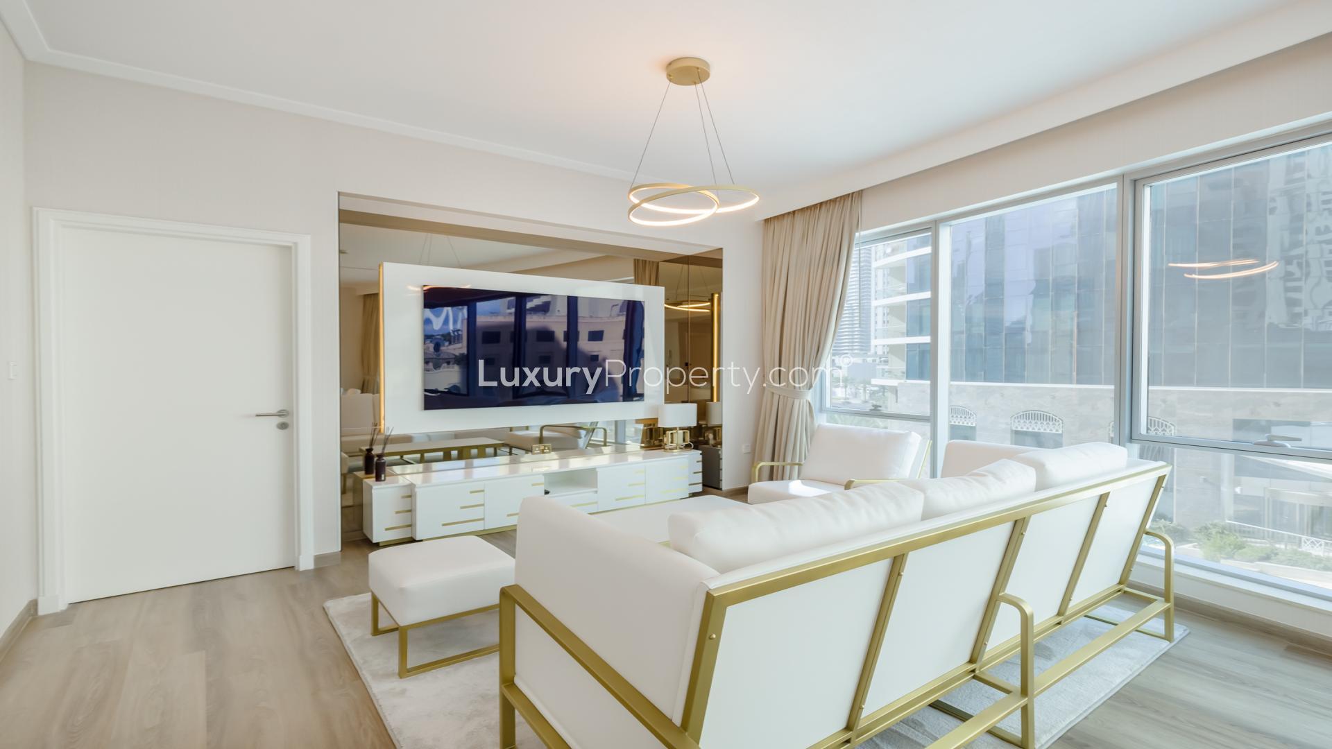 Modern living room in luxury 1-bed apartment, Beauport Tower, Dubai Marina, stylish decor