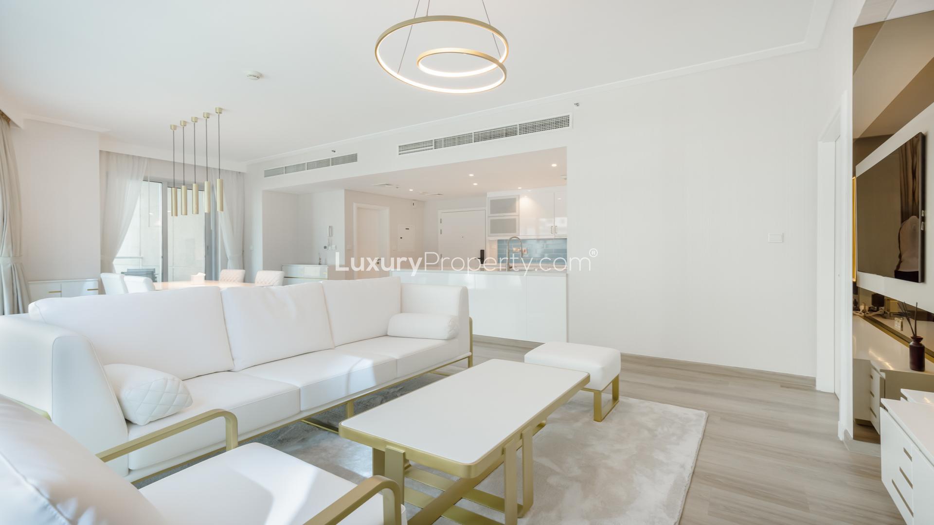 Modern living room in luxury 1-bed apartment, Beauport Tower, Dubai Marina, bright interiors