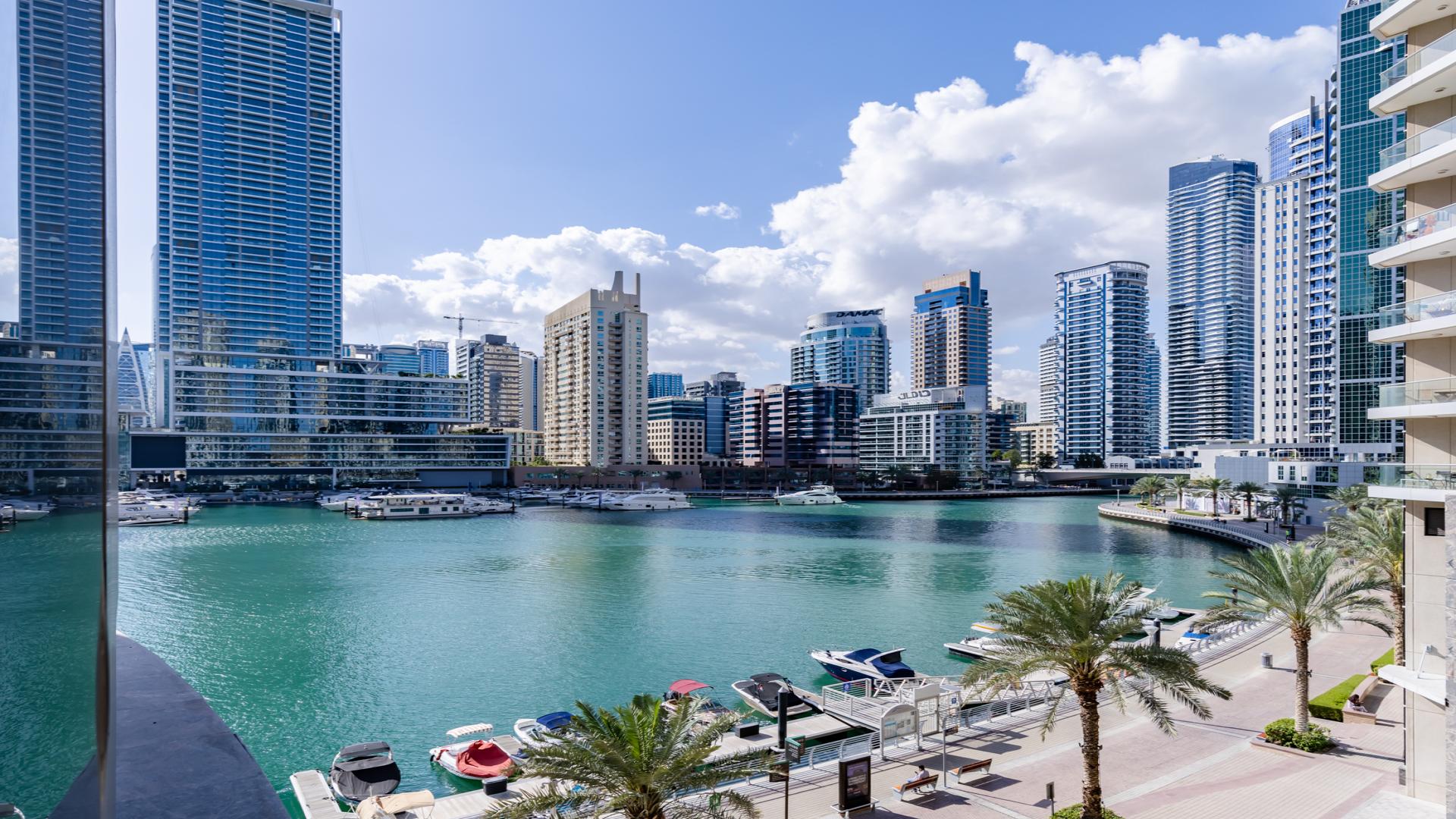 Furnished living and dining area in upgraded 1-bed apartment, Beauport Tower, Dubai Marina