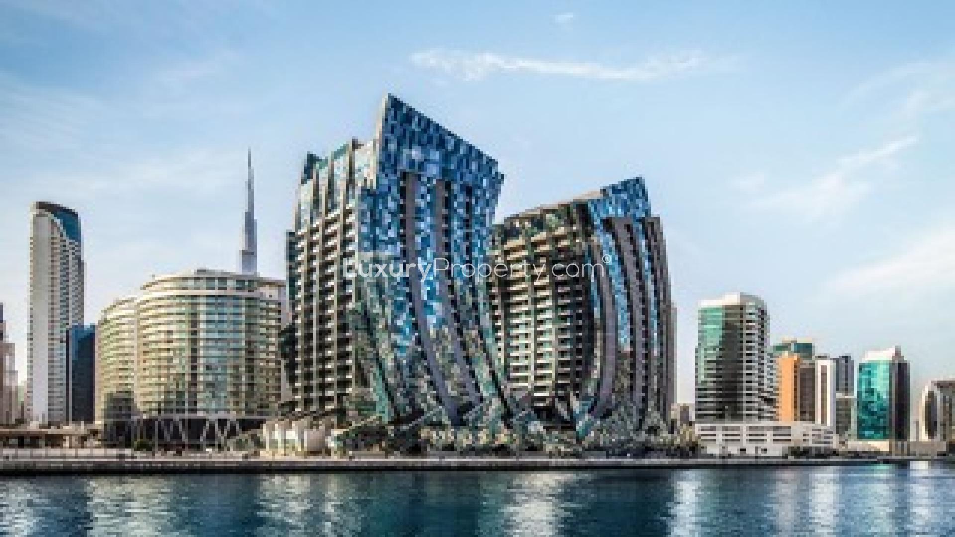 Luxurious living room in DaVinci Tower apartment, Business Bay, modern furnishings, city view