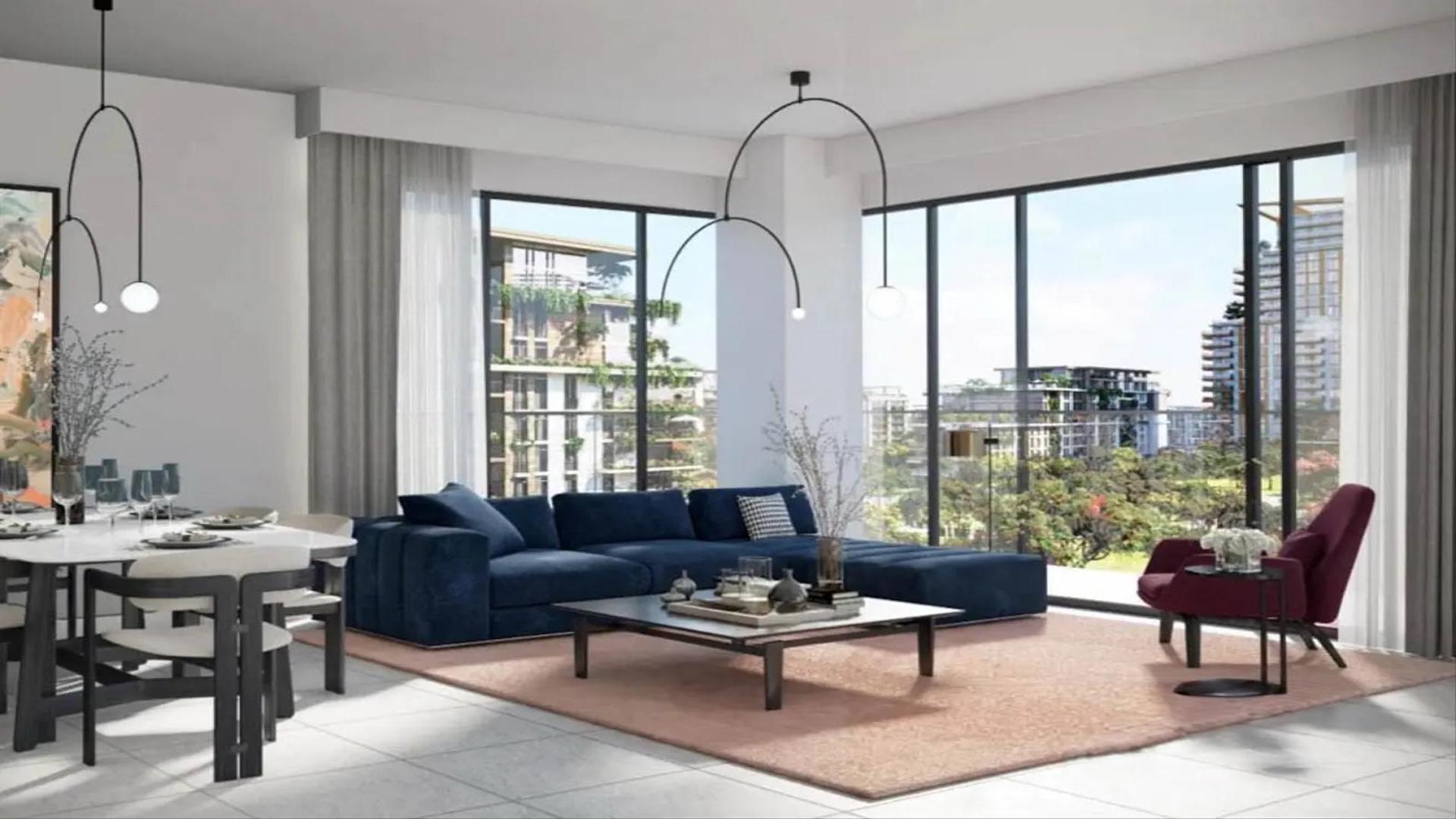 Luxurious living room in 1-bedroom Myrtle apartment, City Walk, with modern decor and views