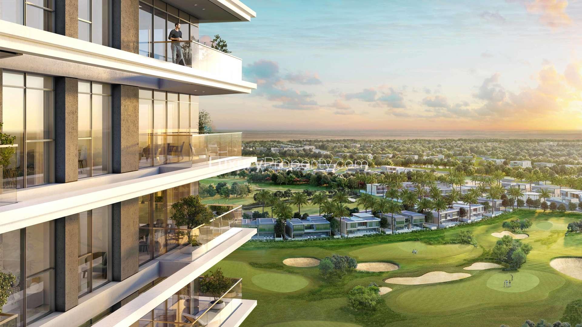 Lush park surrounding Golf Suites apartment in Dubai Hills Estate community