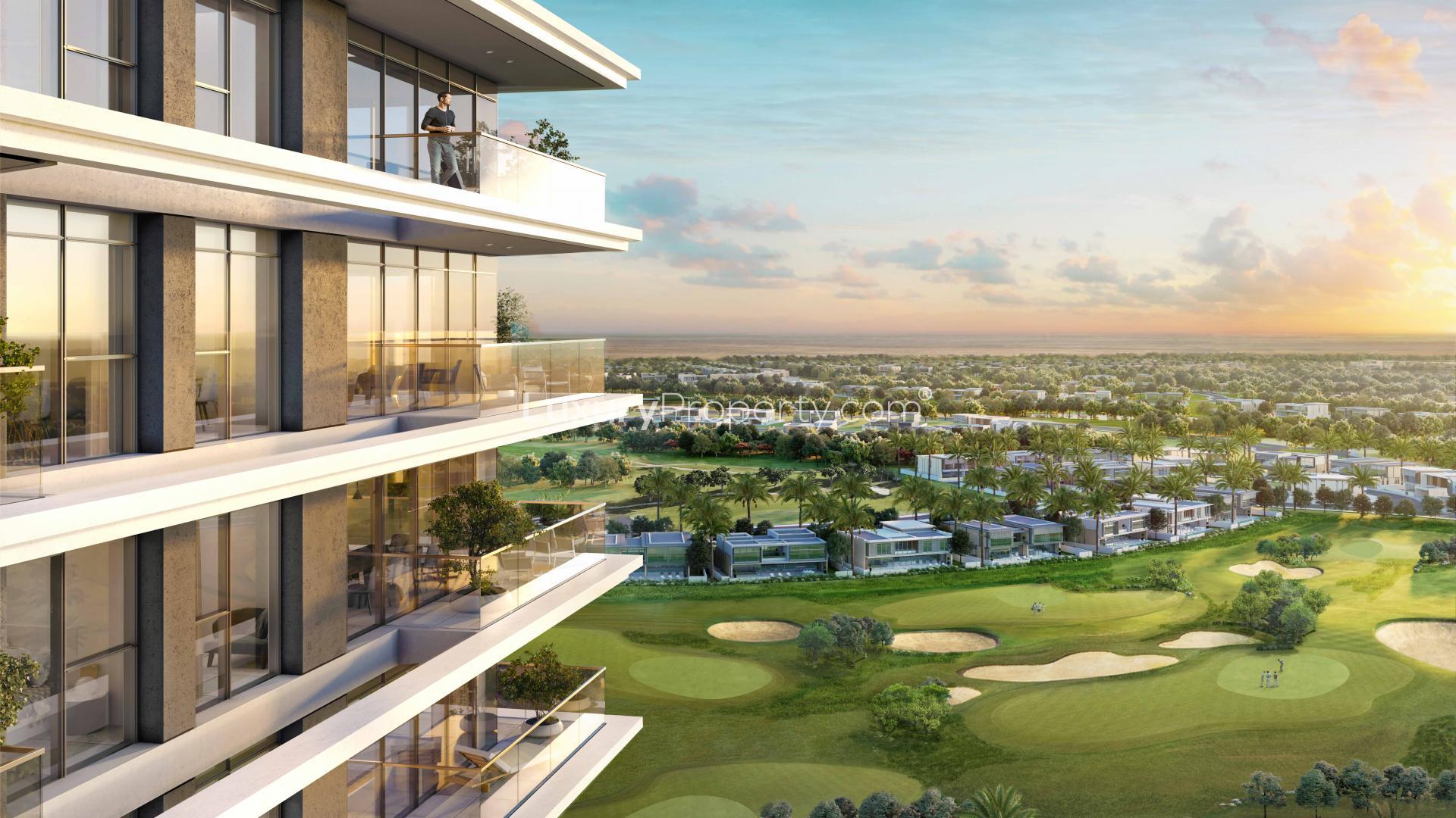 Exterior view of Golf Suites apartment building in Dubai Hills Estate at sunset