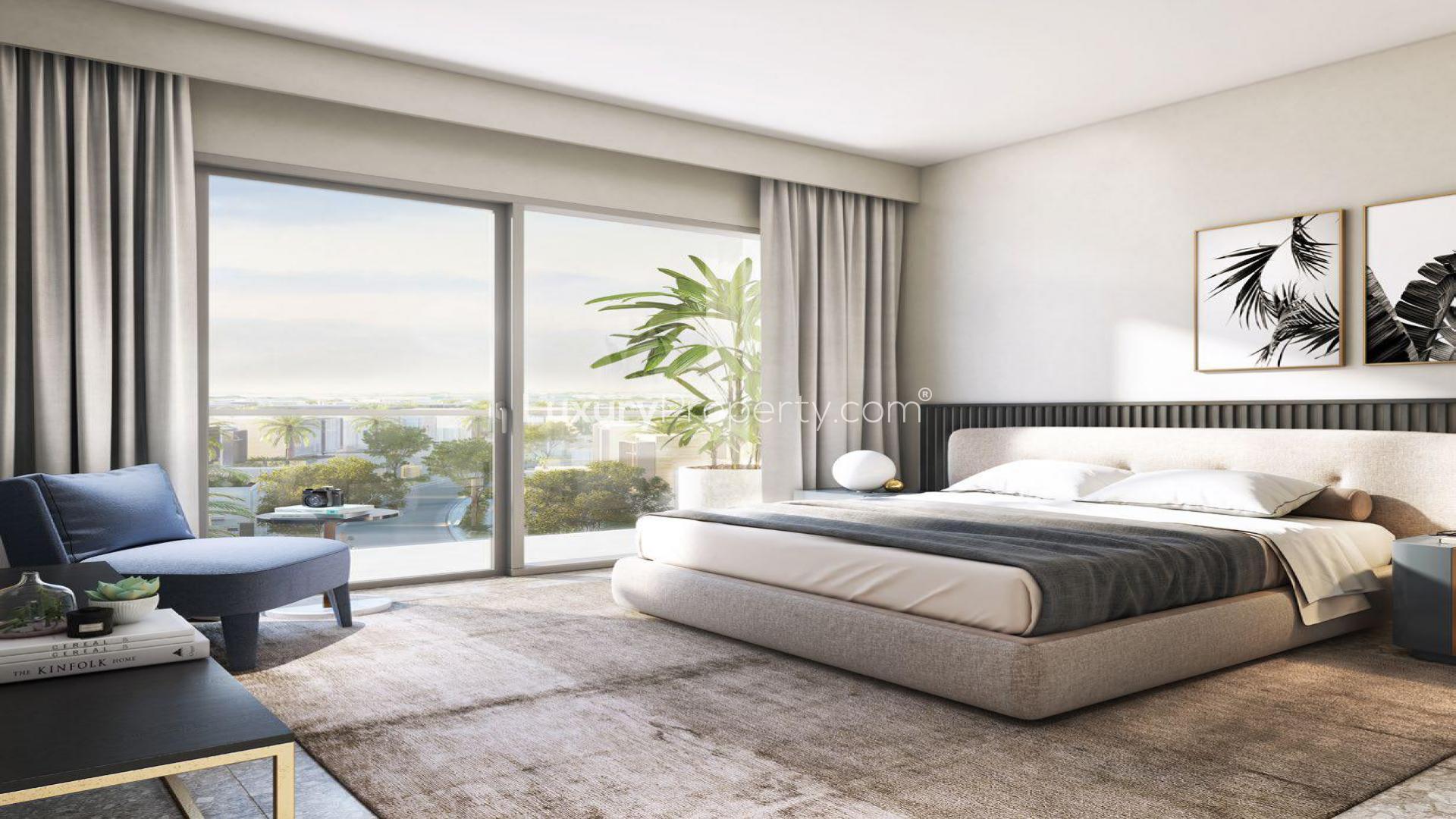 Luxurious bedroom in 1-bedroom apartment, Golf Suites, Dubai Hills Estate, with scenic view