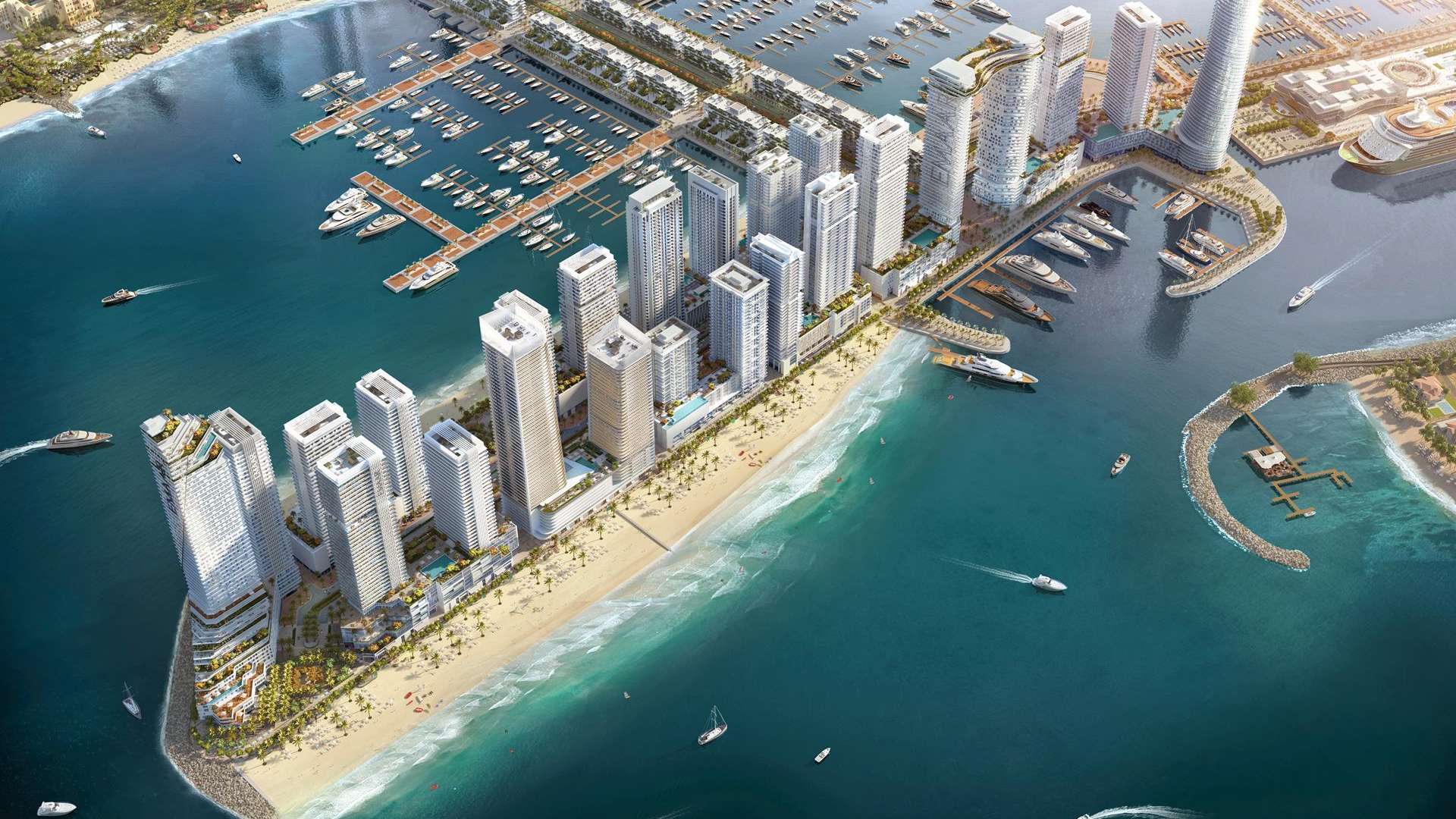 Aerial view of Grand Bleu Tower apartments at Emaar Beachfront, Dubai Harbour coastline
