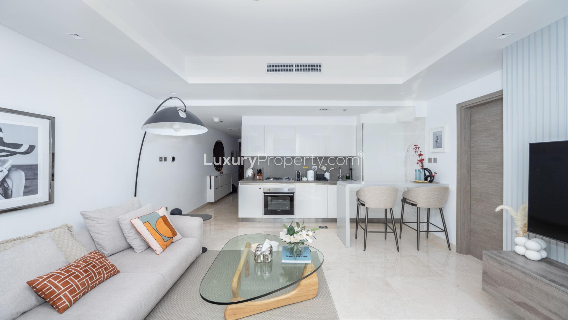 Spacious living room in The Sterling East apartment, Business Bay, with modern high-end finishes