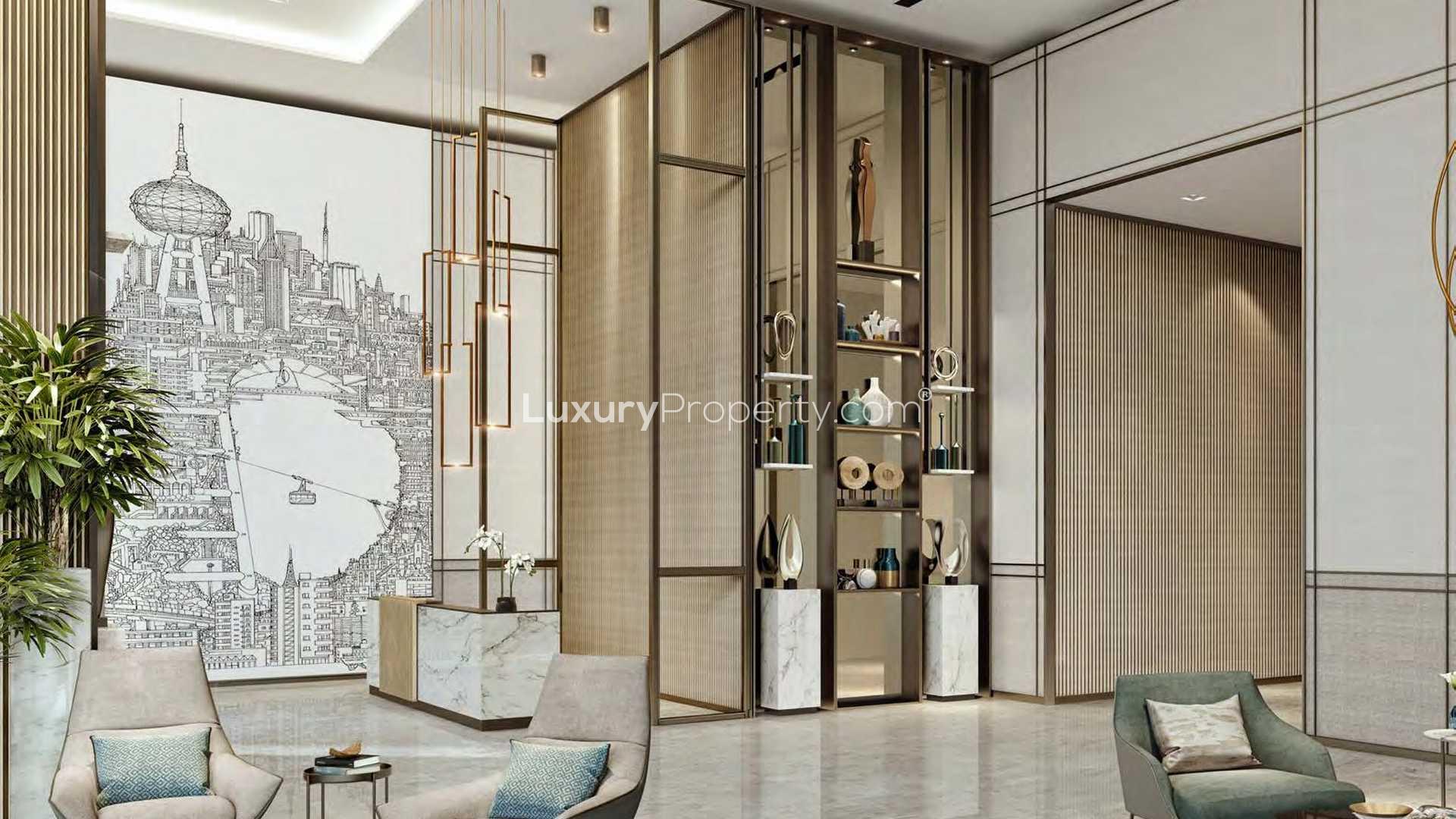 Modish dining area in Grande At The Opera District, Downtown Dubai apartment, skyline view