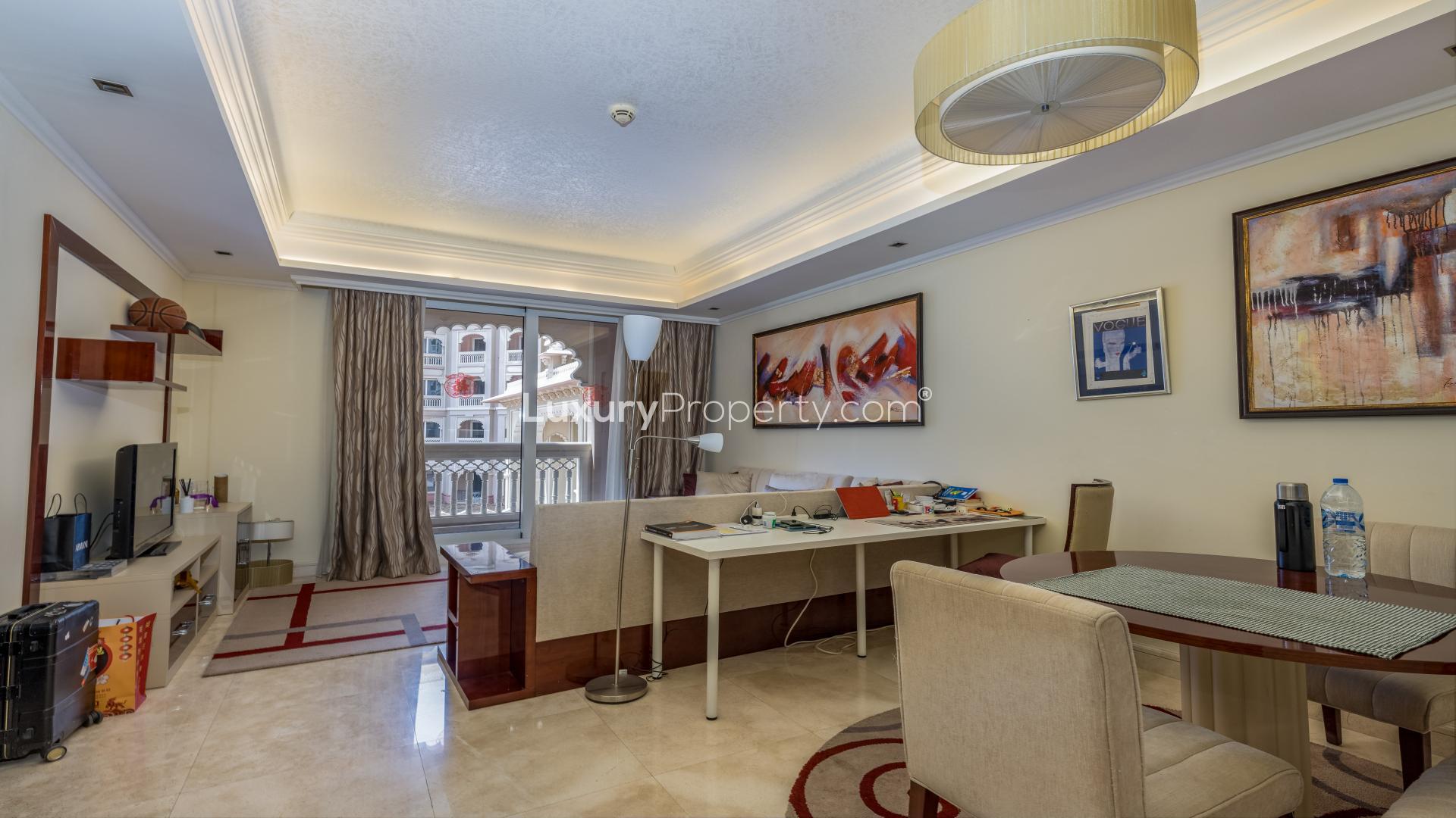 Living room in luxury 1-bedroom apartment, Grandeur Residences, Palm Jumeirah, with garden view