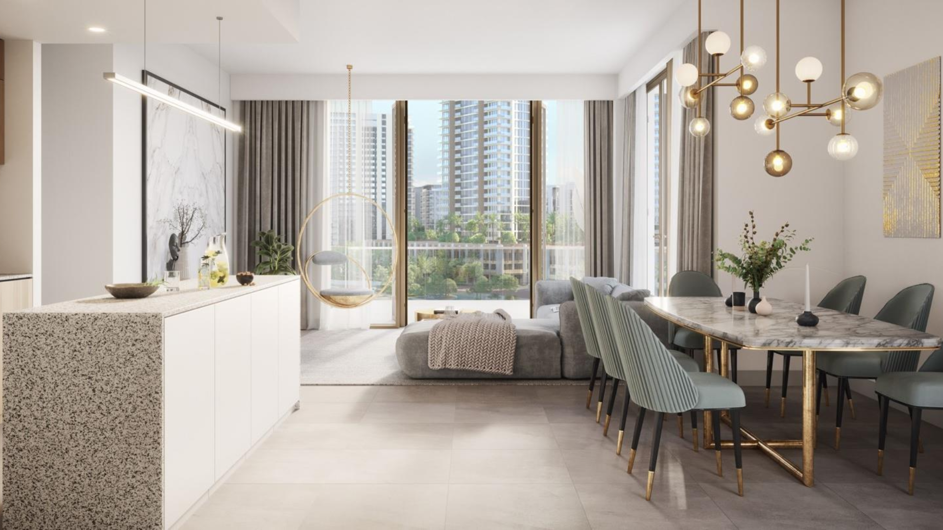 Modern kitchen and dining area in 1-bedroom apartment, Grove, Creek Beach, Dubai