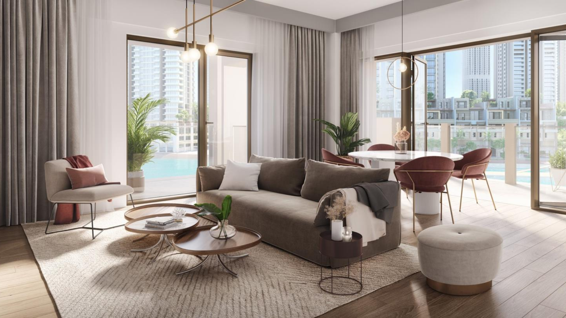 Modern open-plan living room and dining area in Grove Creek Beach apartment, Dubai