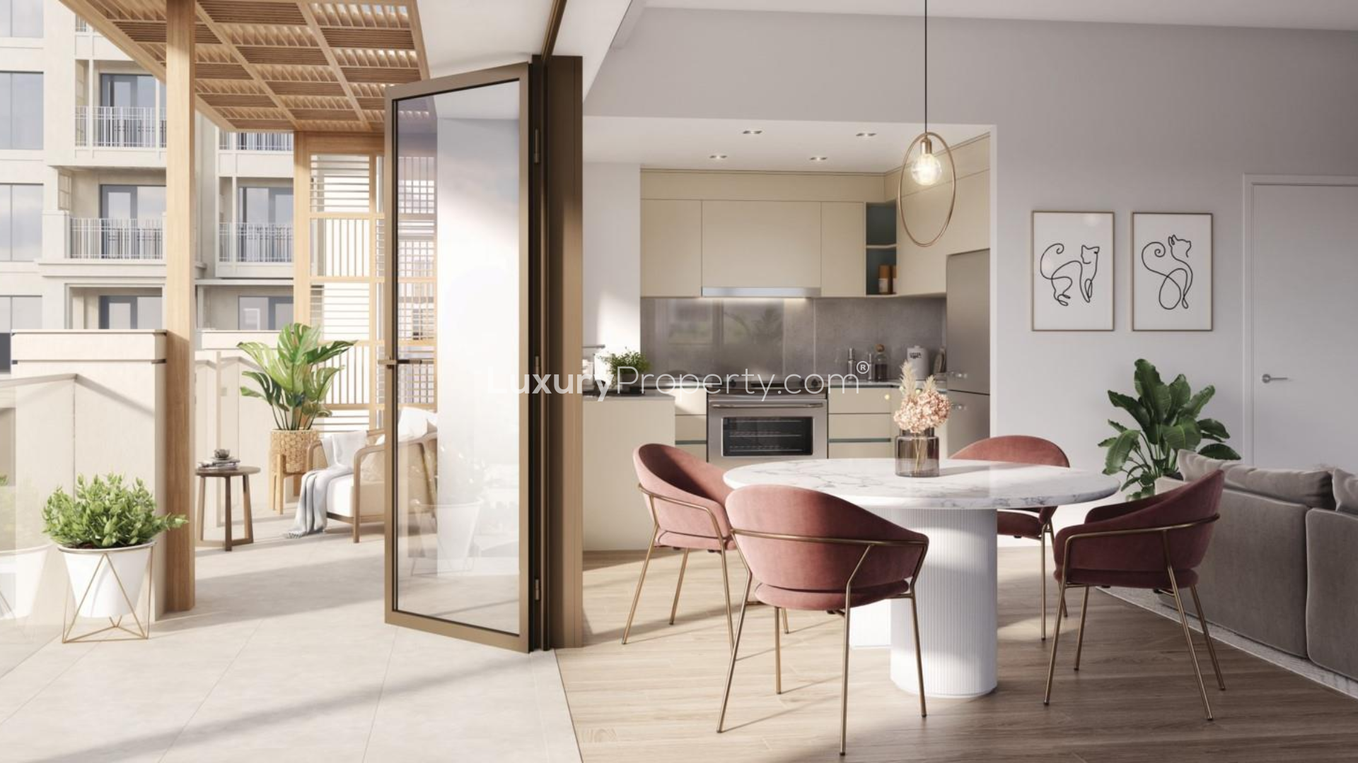 Cosy living room in Grove, Creek Beach apartment with modern decor and balcony view