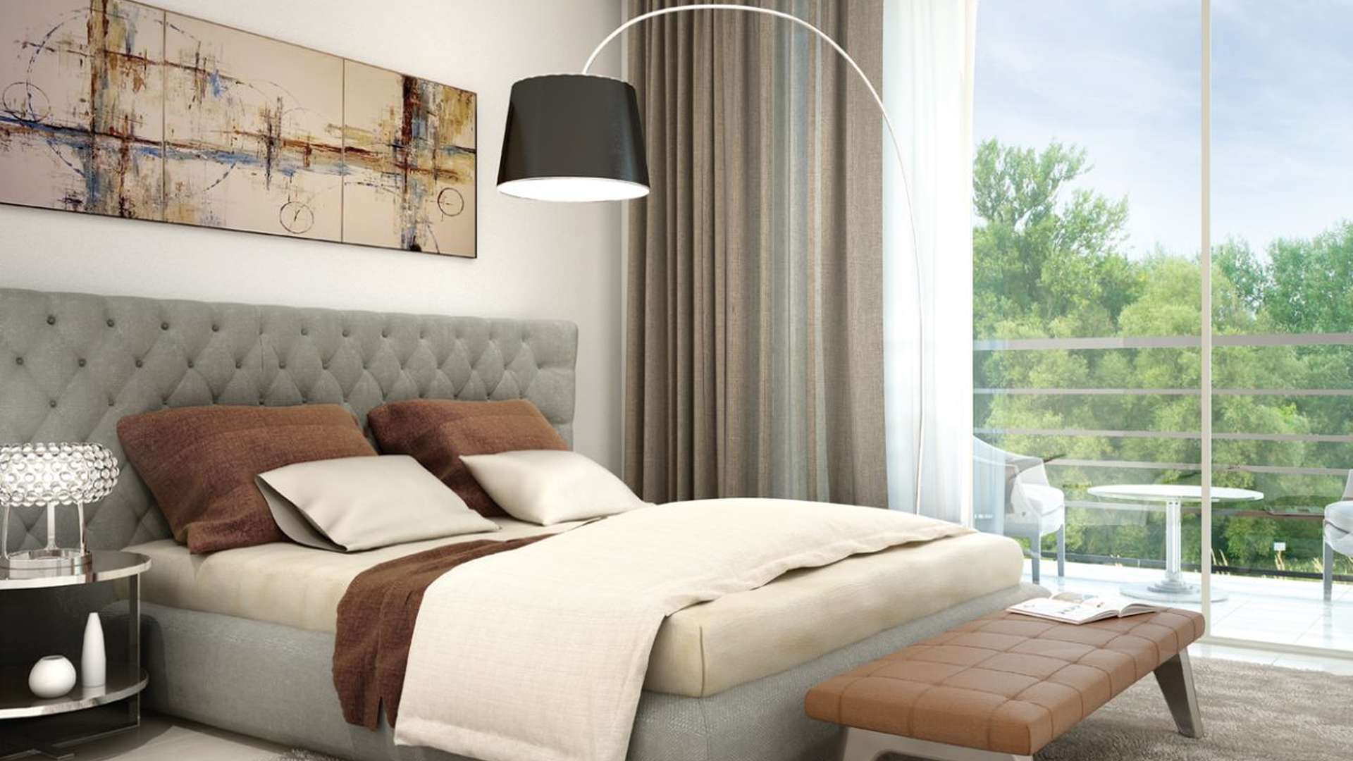 Modern living room and balcony at Hayat Boulevard Apartments, Town Square Dubai