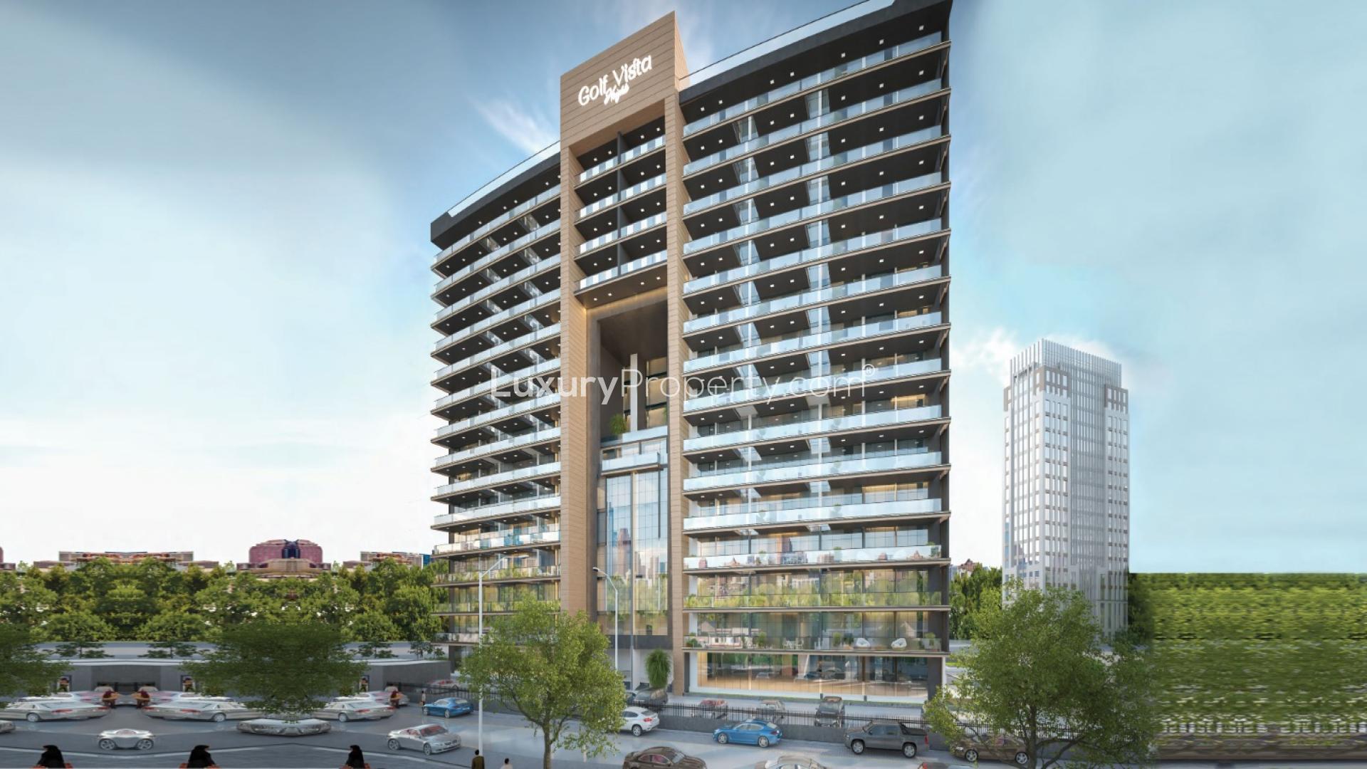 "Golf Vista Heights apartment building exterior in Dubai Sports City, available for sale.",Golf Vista Heights apartment building exterior in Dubai Sport City, available for sale