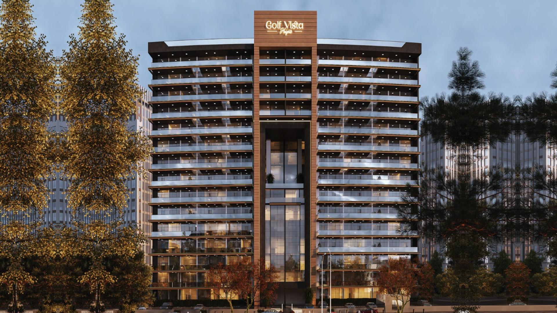 Modern living room in Dubai Sport City apartment, elegant decor, natural light, spacious design