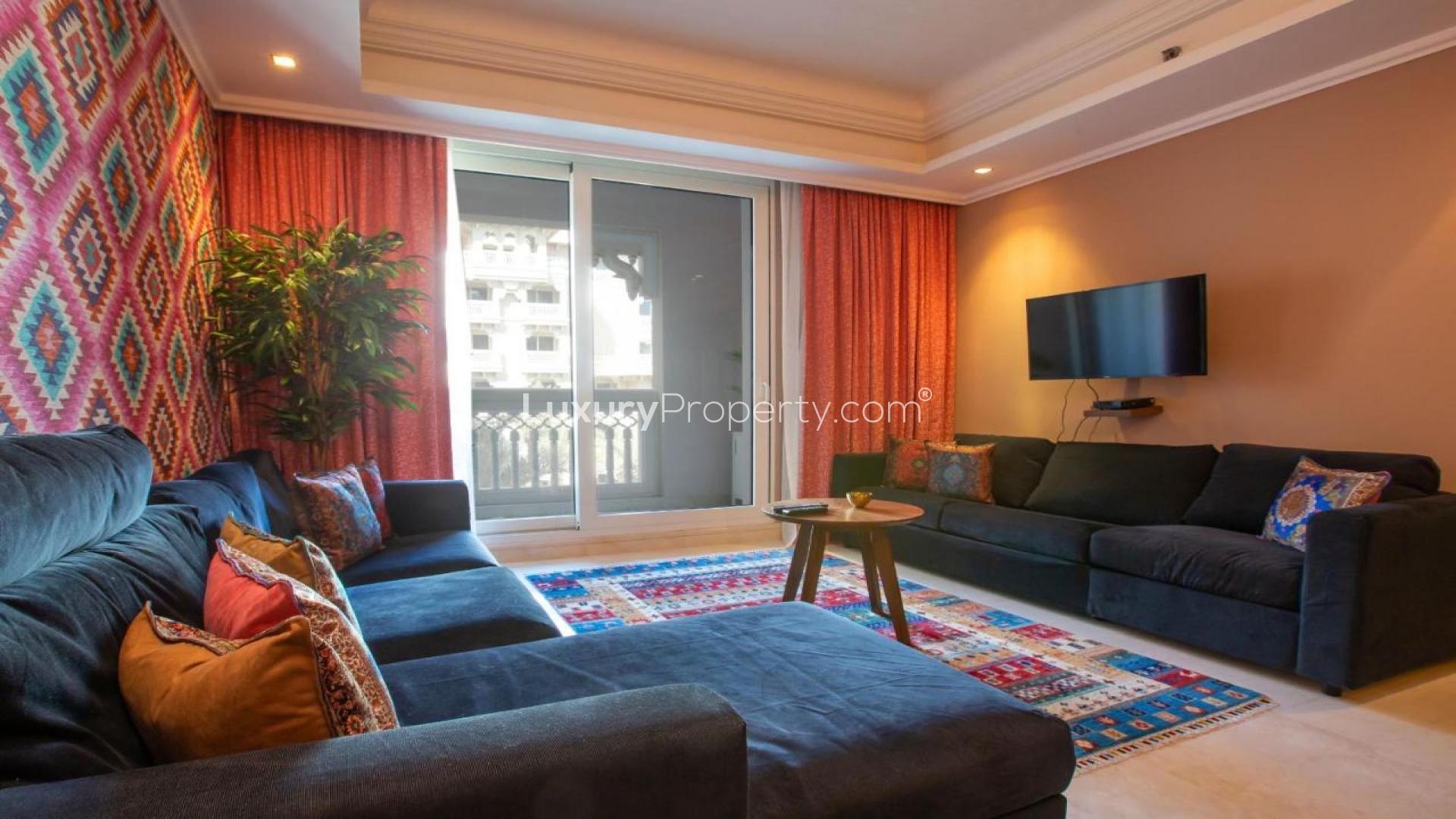 Balcony view from 1-bedroom apartment in Grandeur Residences, Palm Jumeirah with seating area