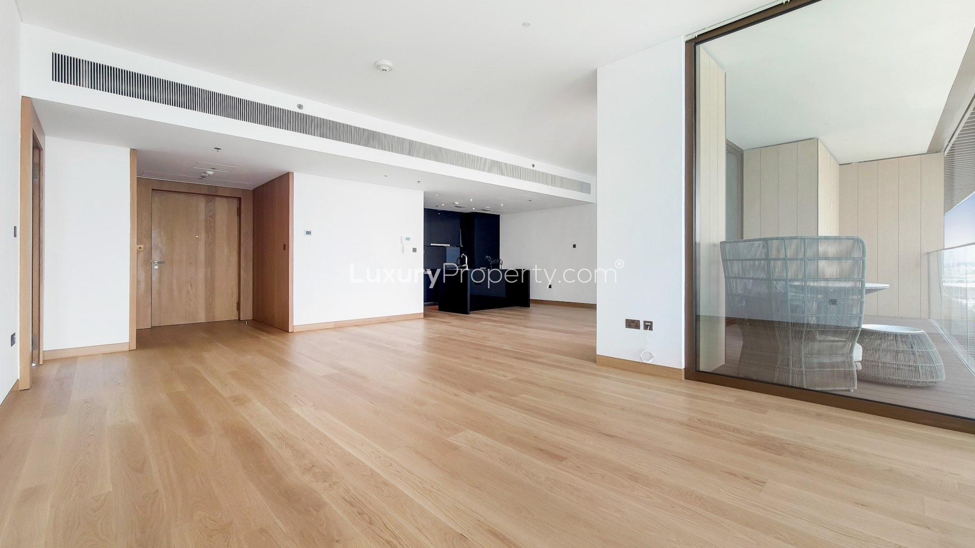 Balcony view from luxurious apartment at Bulgari Residences, Jumeirah Bay Island, overlooking the sea