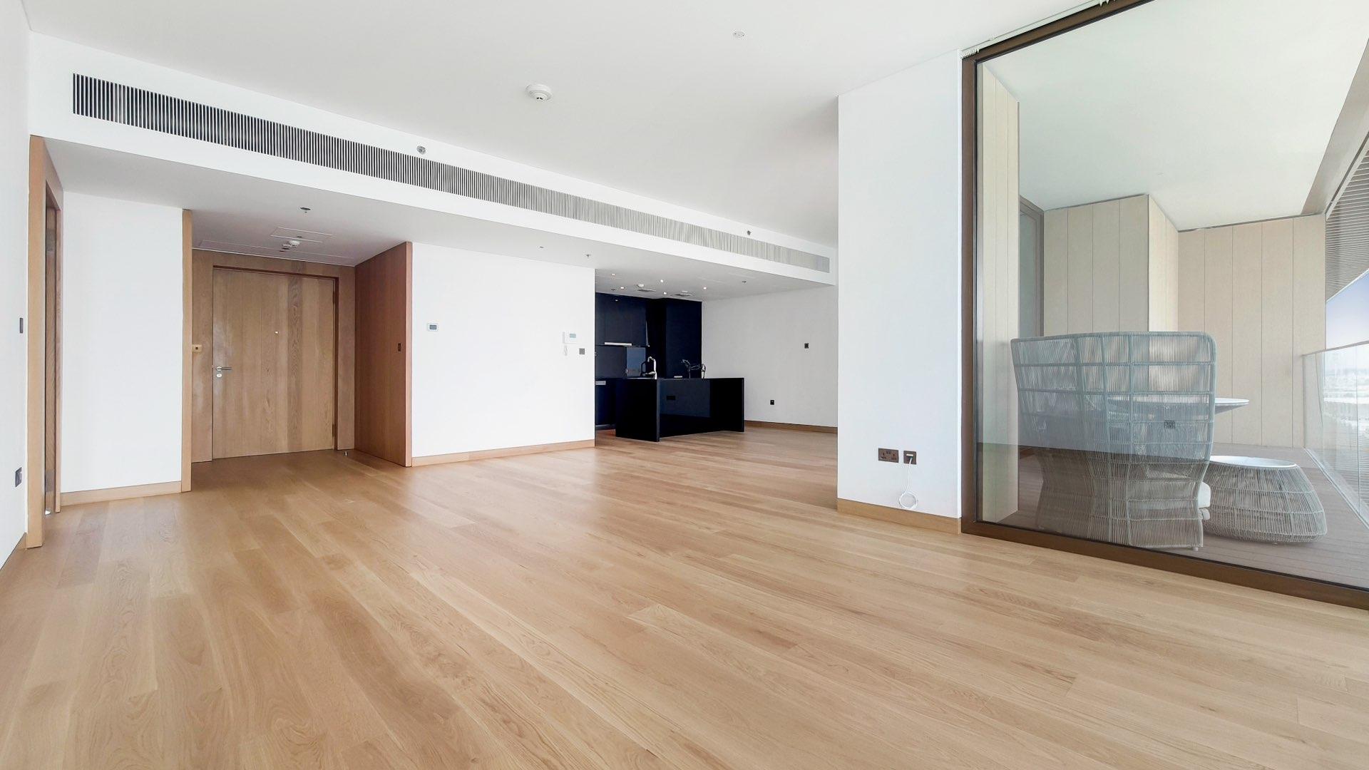 Balcony view from luxurious apartment at Bulgari Residences, Jumeirah Bay Island, overlooking the sea