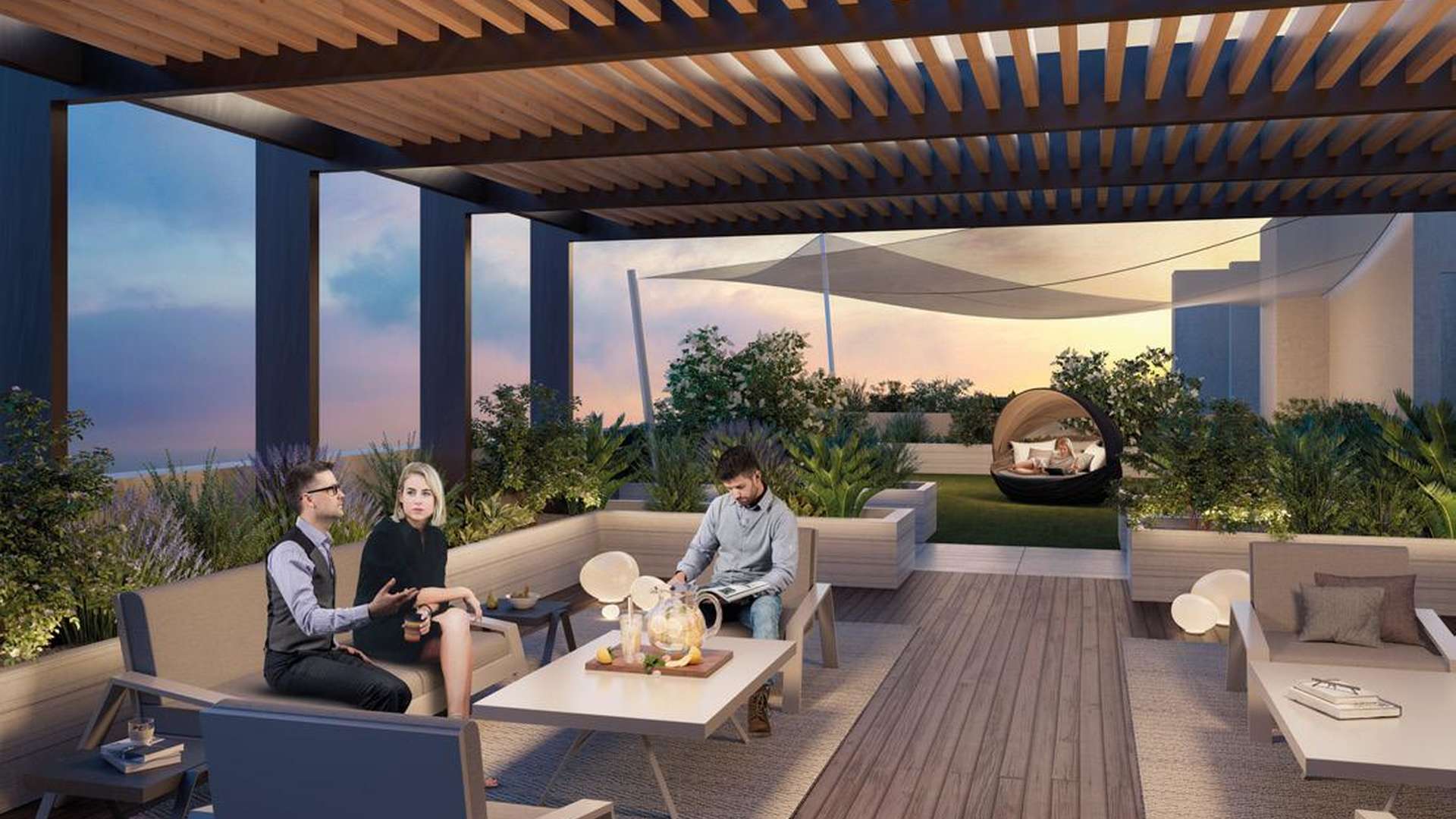 Stunning Kensington Waters apartment building exterior in Meydan, by Ellington, at sunset