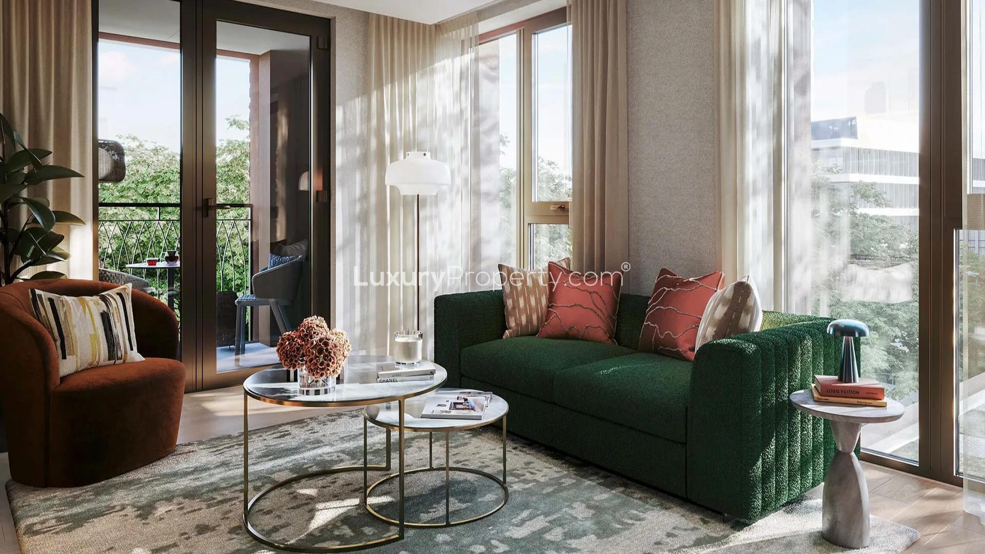 Stylish living room in one-bedroom apartment at The Residences, West End Gate, London