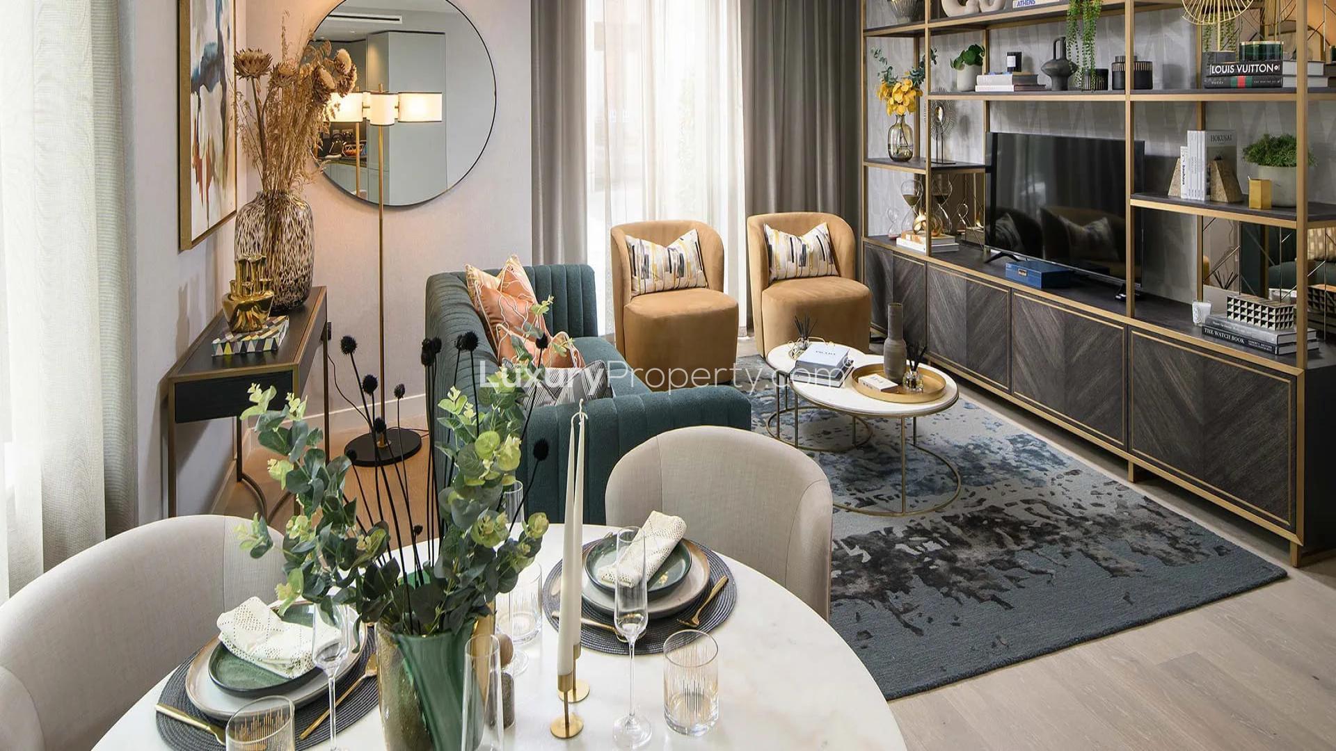 Modern living room in West End Gate apartment, London. Cozy seating, stylish decor