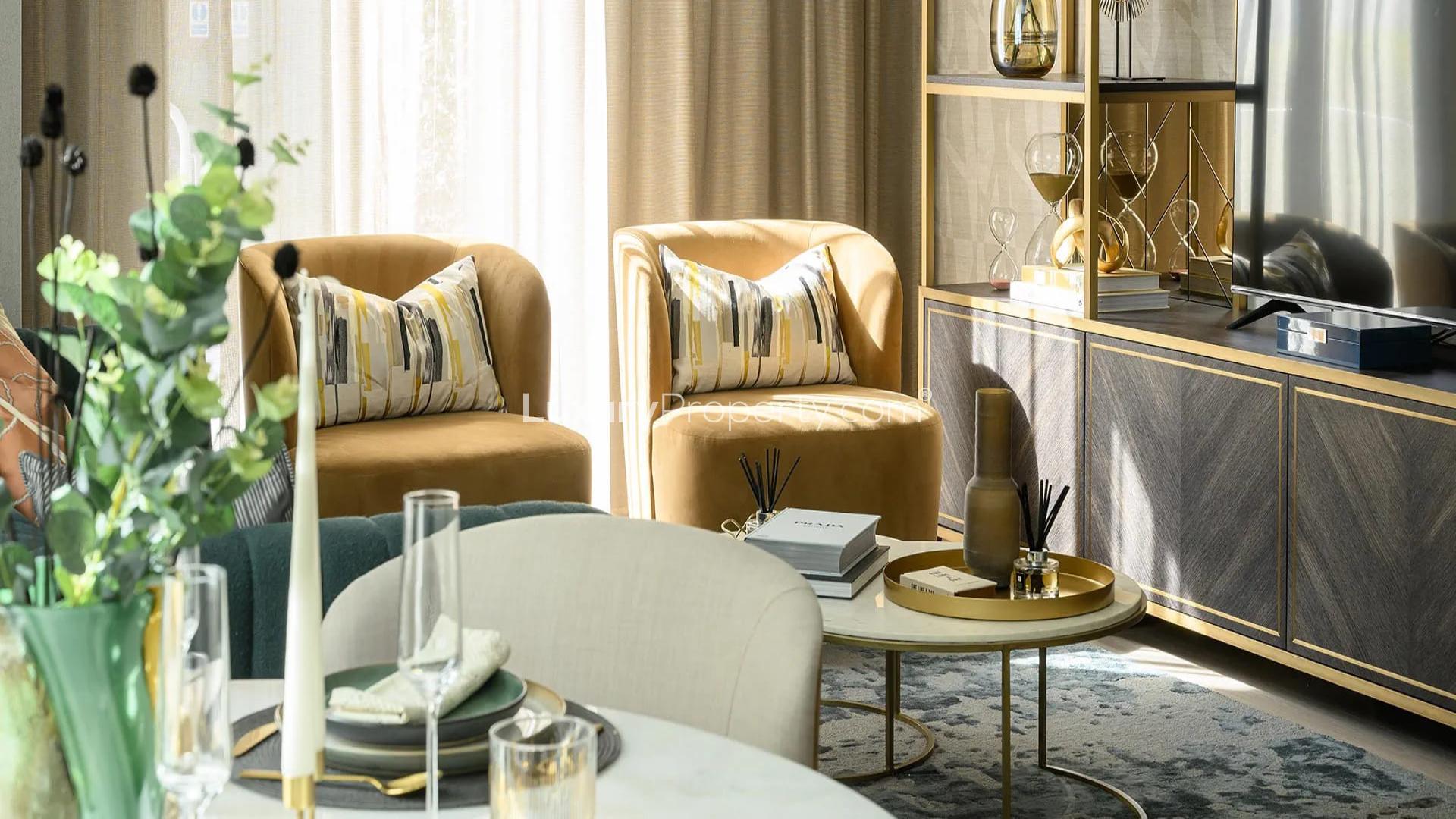 Modern living room in West End Gate apartment, London; stylish decor and cozy seating