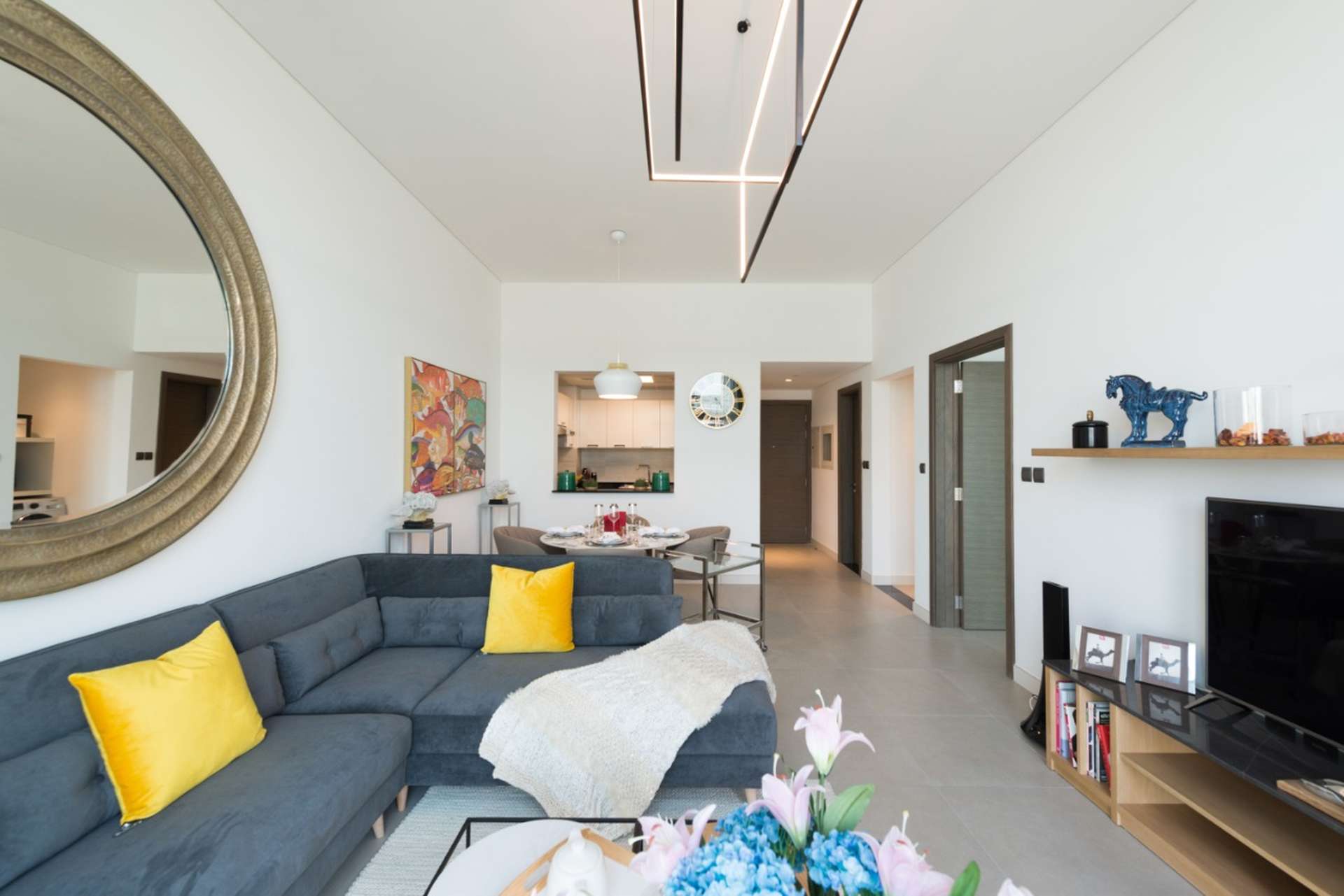 Luxurious living room in furnished 1-bedroom apartment, La Riviera, Jumeirah Village Circle