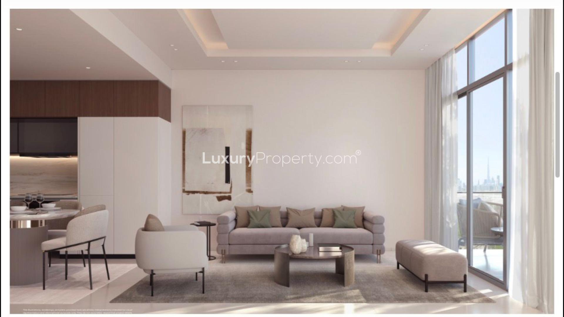 Modern open-plan kitchen and living area in Skyhills Residences, Dubai Science Park apartment