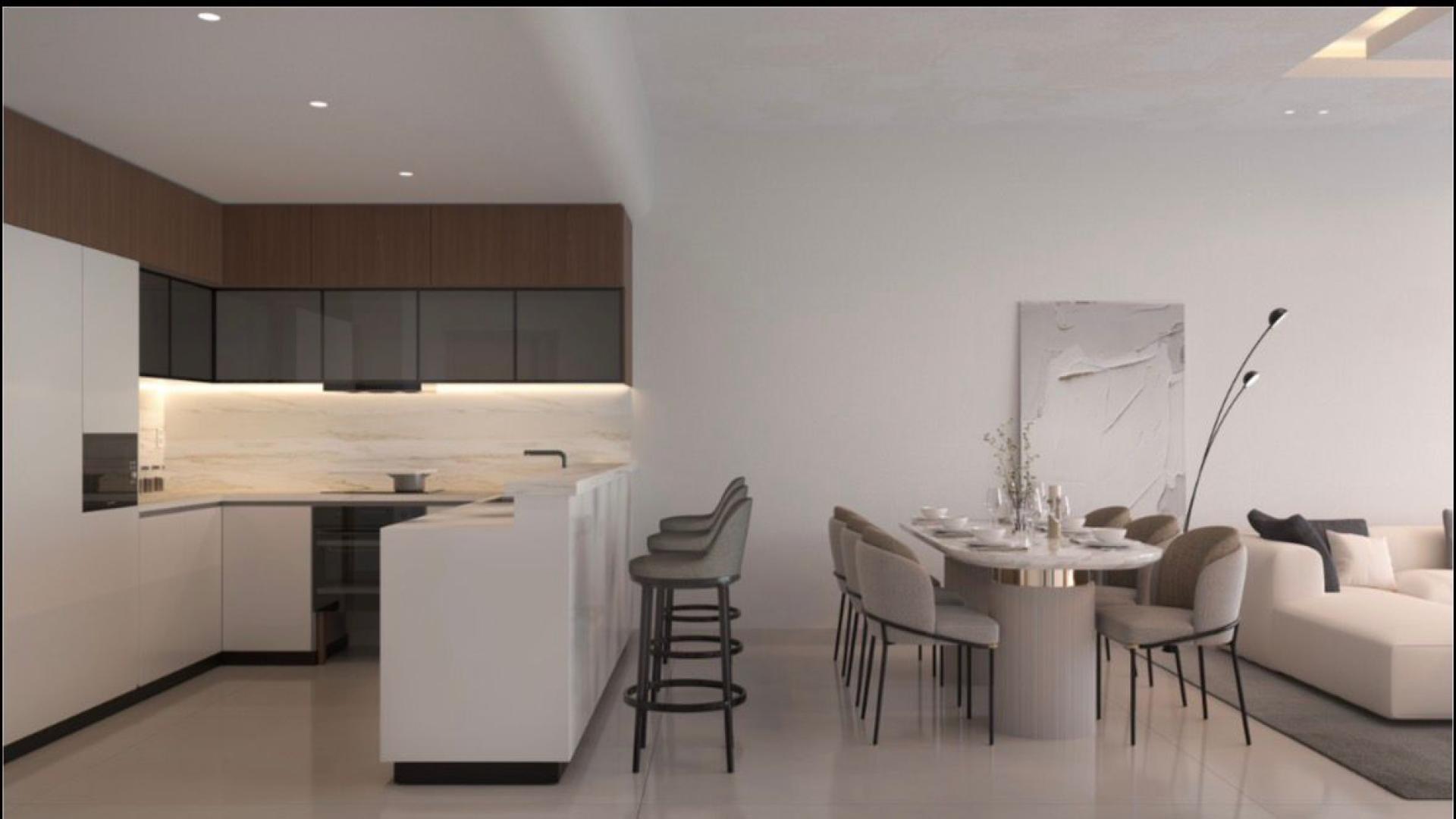 Modern living room in Skyhills Residences apartment, high floor, Dubai Science Park, pool view