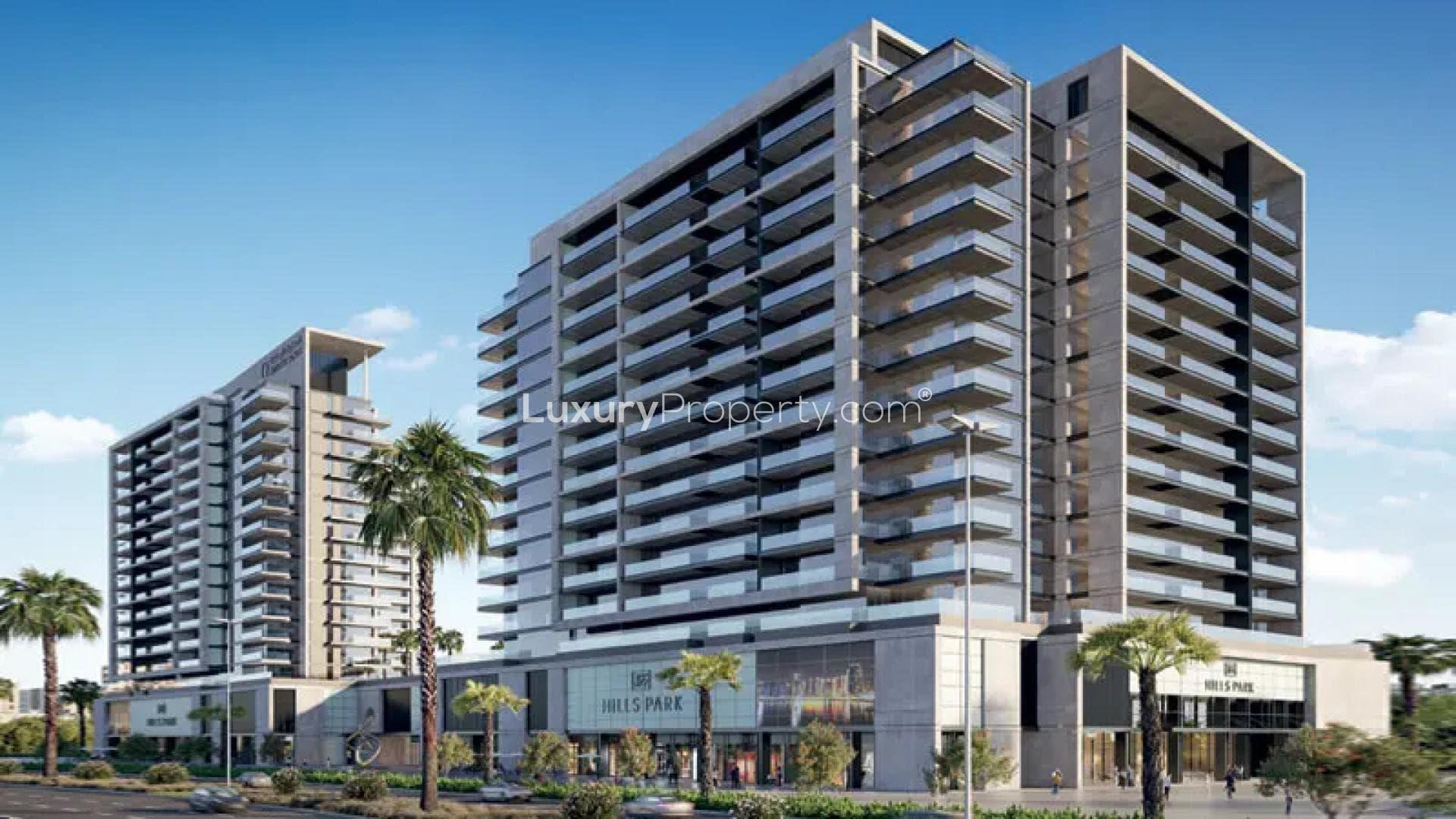 High-floor apartment living room with pool view, Dubai Hills Estate, modern decor