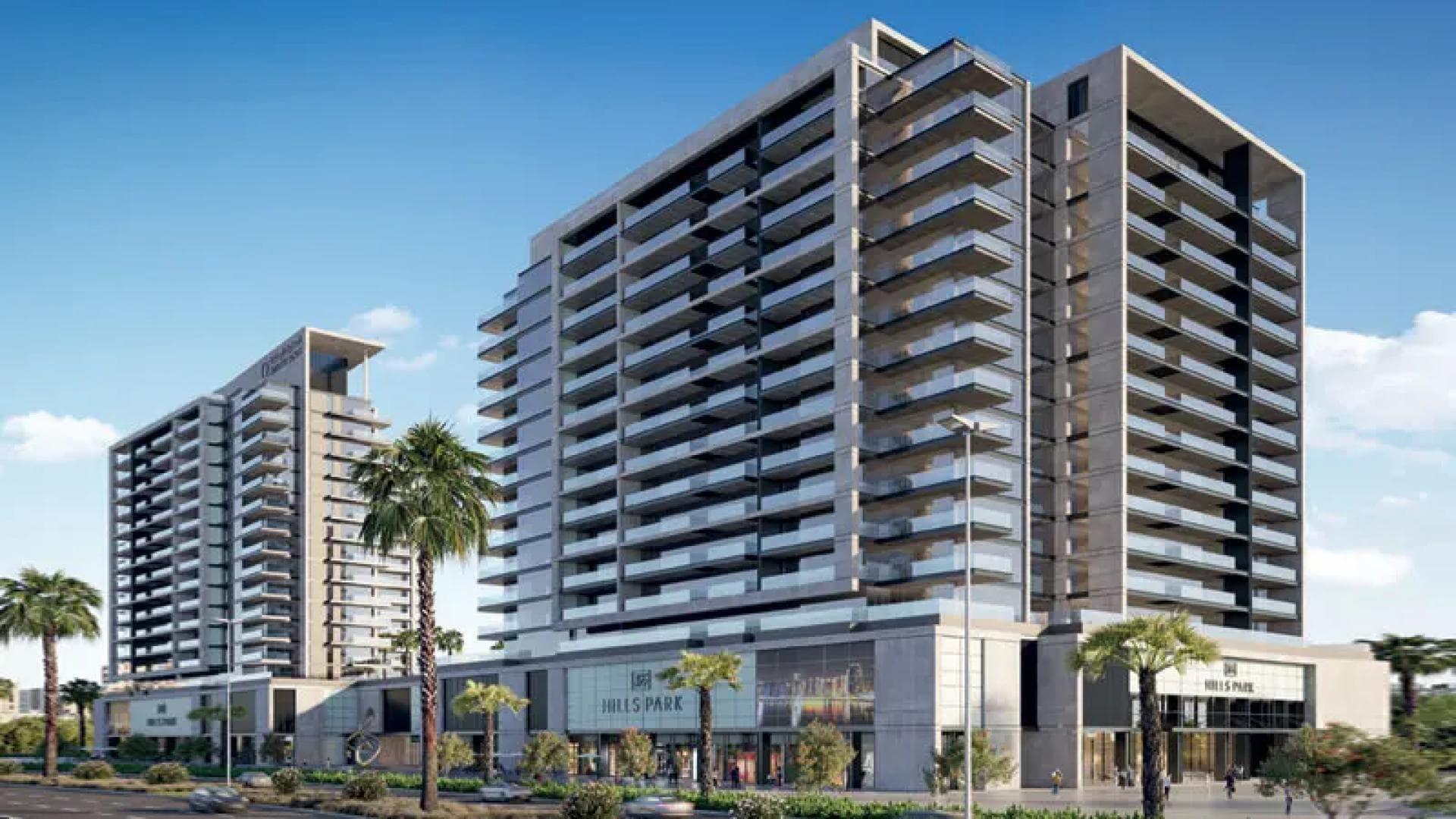 High-floor apartment living room with pool view, Dubai Hills Estate, modern decor